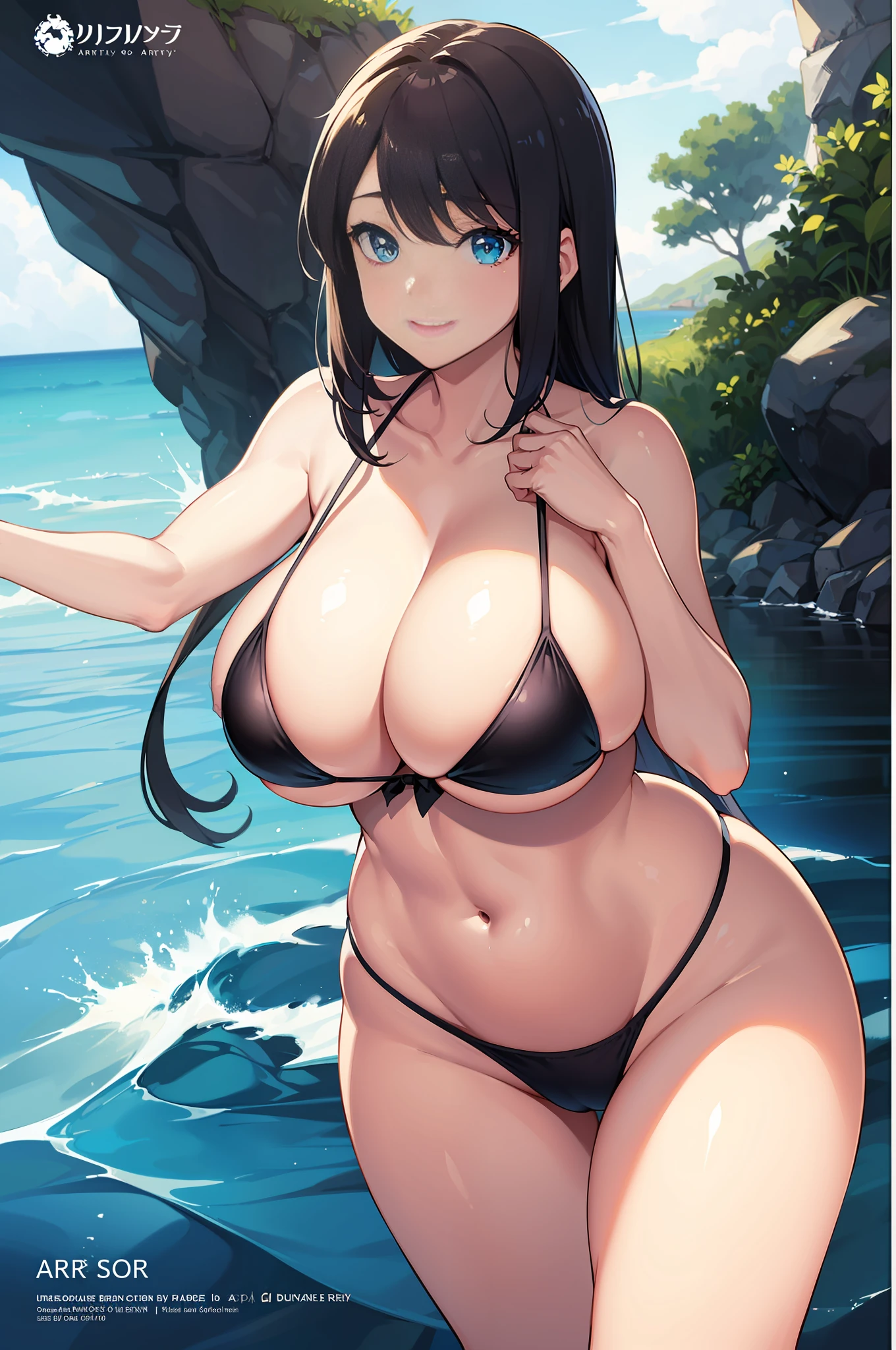 anime style, pov, UHD, anatomically correct, super detail, best quality, 16k,masterpiece, best quality, artbook, milf, mature female, long hair, beautiful detailed eyes, aqua eyes, seductive smile, blue eyes, huge breasts, bikini_top, bare legs, huge butt,thick_thighs