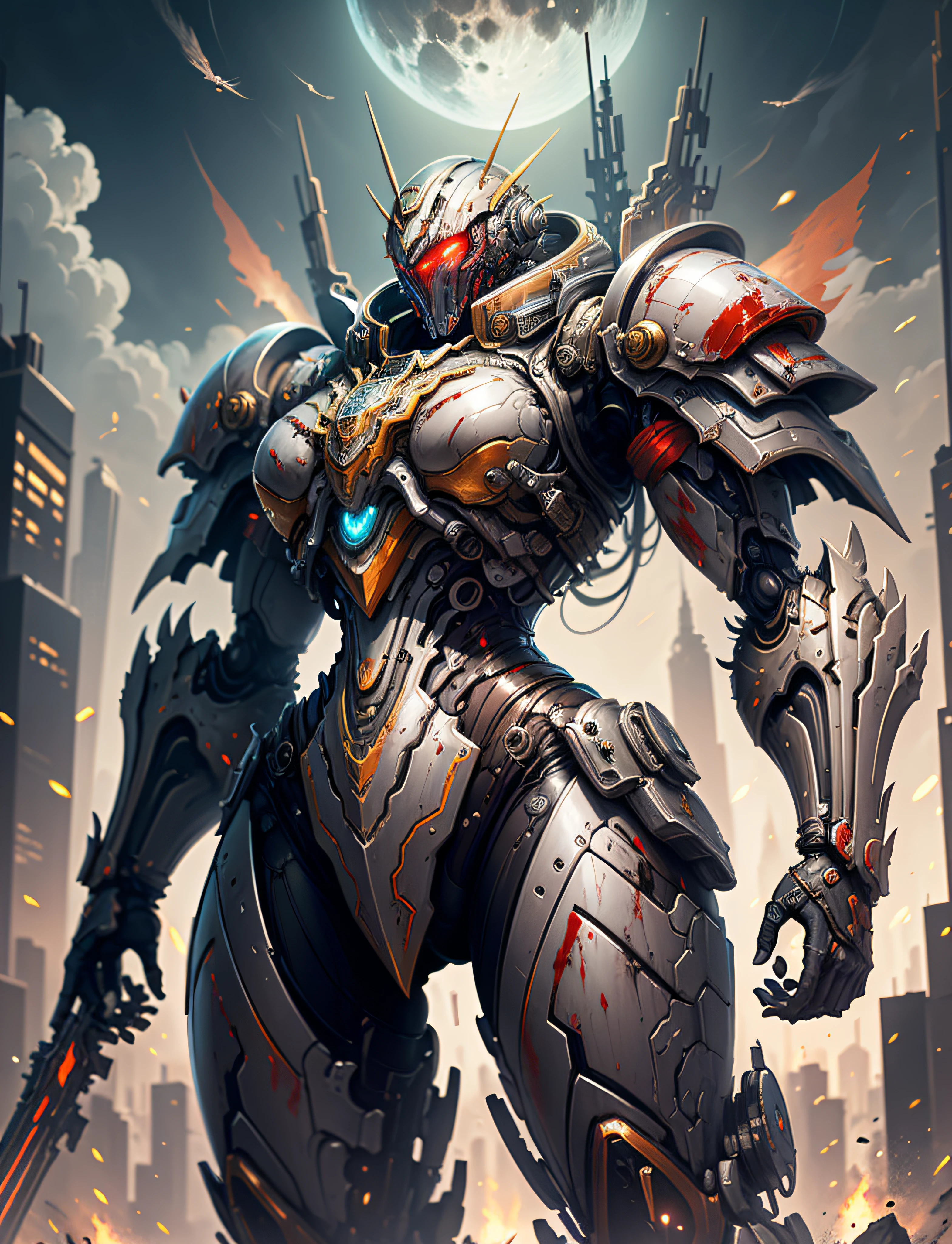 Space Marine, Harhammer 40,000, World at War, Beautiful Cyberpunk Woman with Very Detailed Mecha Treatment, Vibrant Colors, Metallic Red, Bloodthirsty, With Sky With Clouds And Full Moon, Full Body With Detailed Armor, Bloody Battlefield,