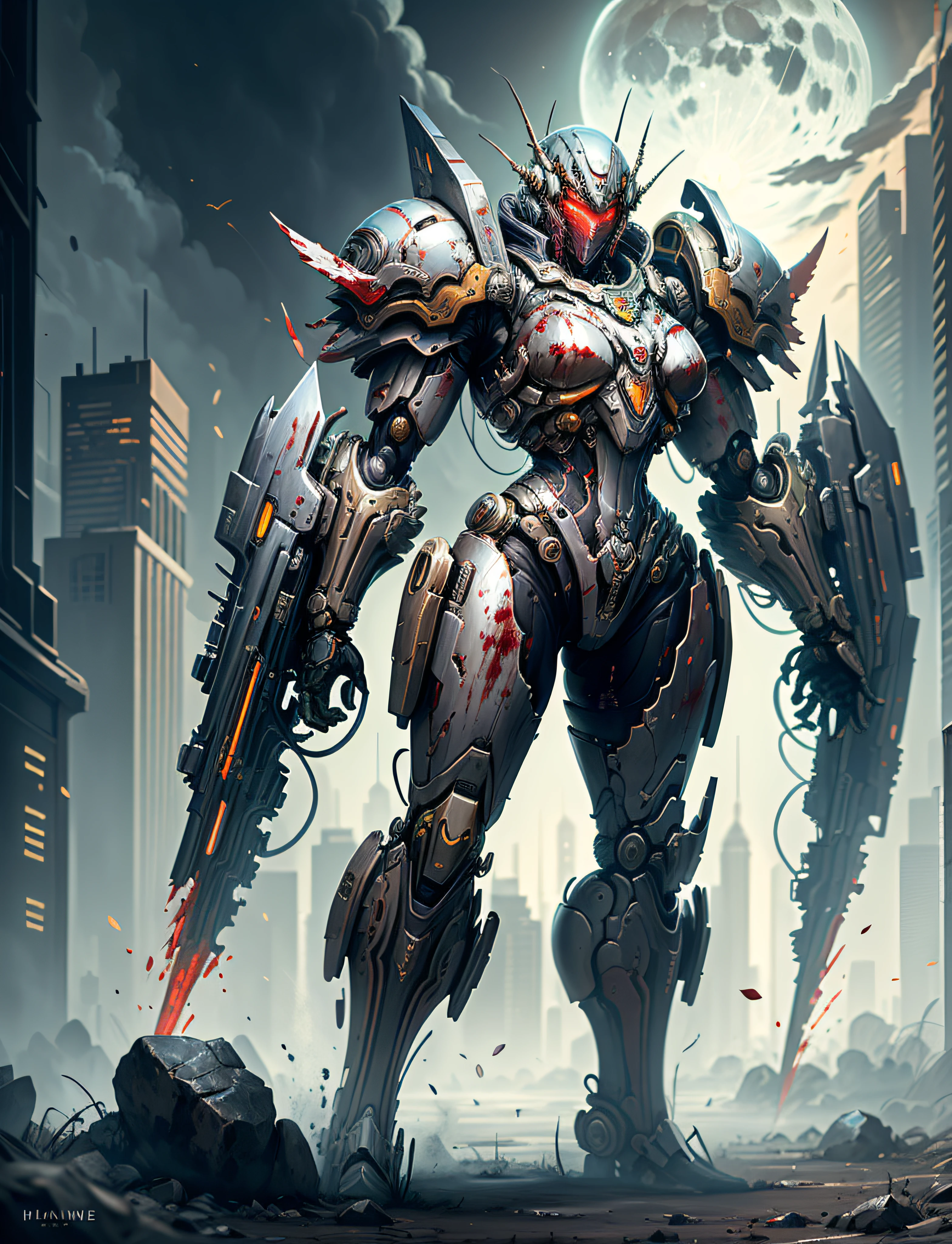 Space Marine, Harhammer 40,000, World at War, Beautiful Cyberpunk Woman with Very Detailed Mecha Treatment, Vibrant Colors, Metallic Red, Bloodthirsty, With Sky With Clouds And Full Moon, Full Body With Detailed Armor, Bloody Battlefield,