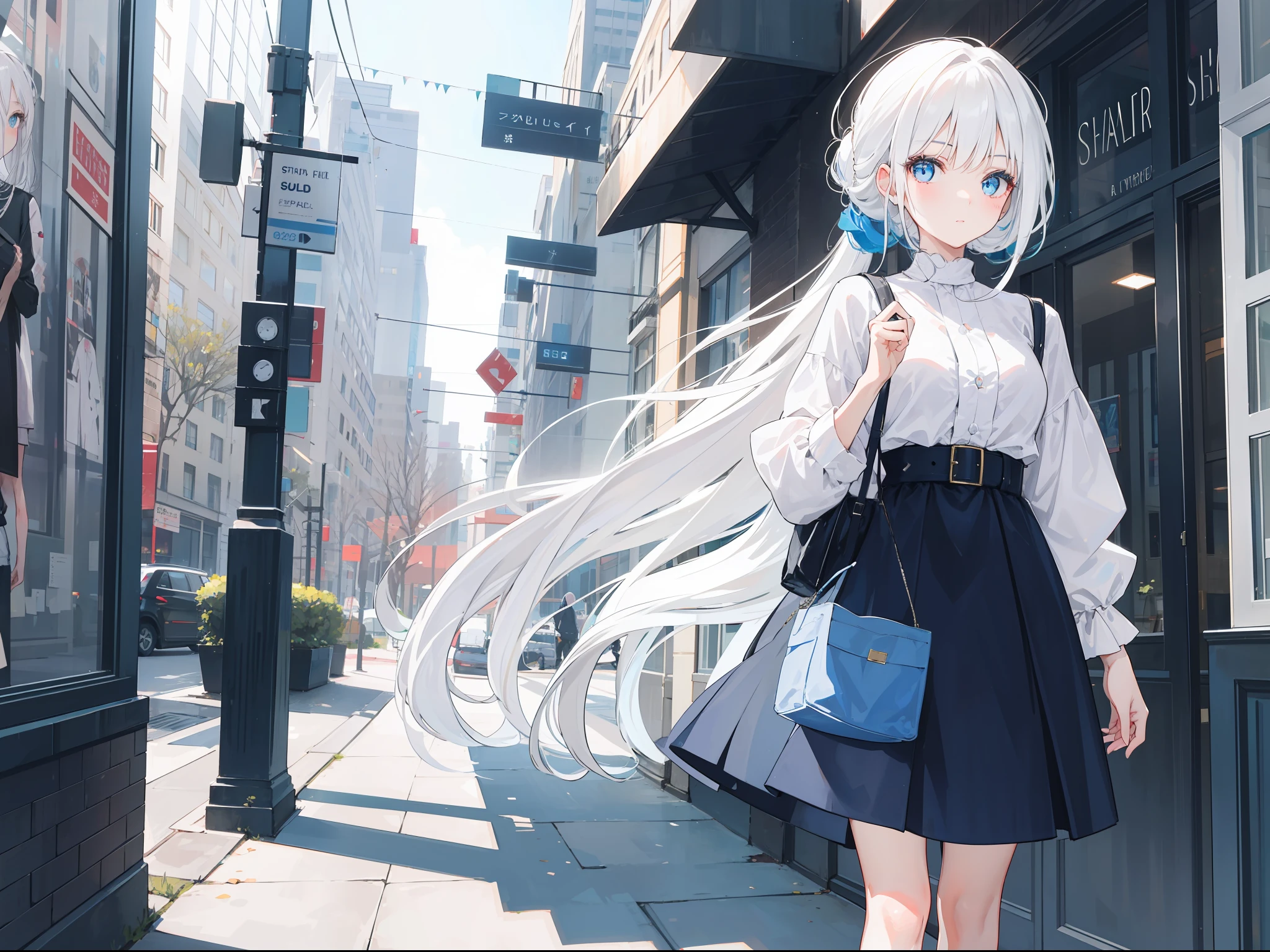 Create a girl with flowing vibrant white hair and striking sharp blue eyes, her hair tied up beautifully, she was dressed for a walk in a stylish modern white, she waiting outside front of museum art