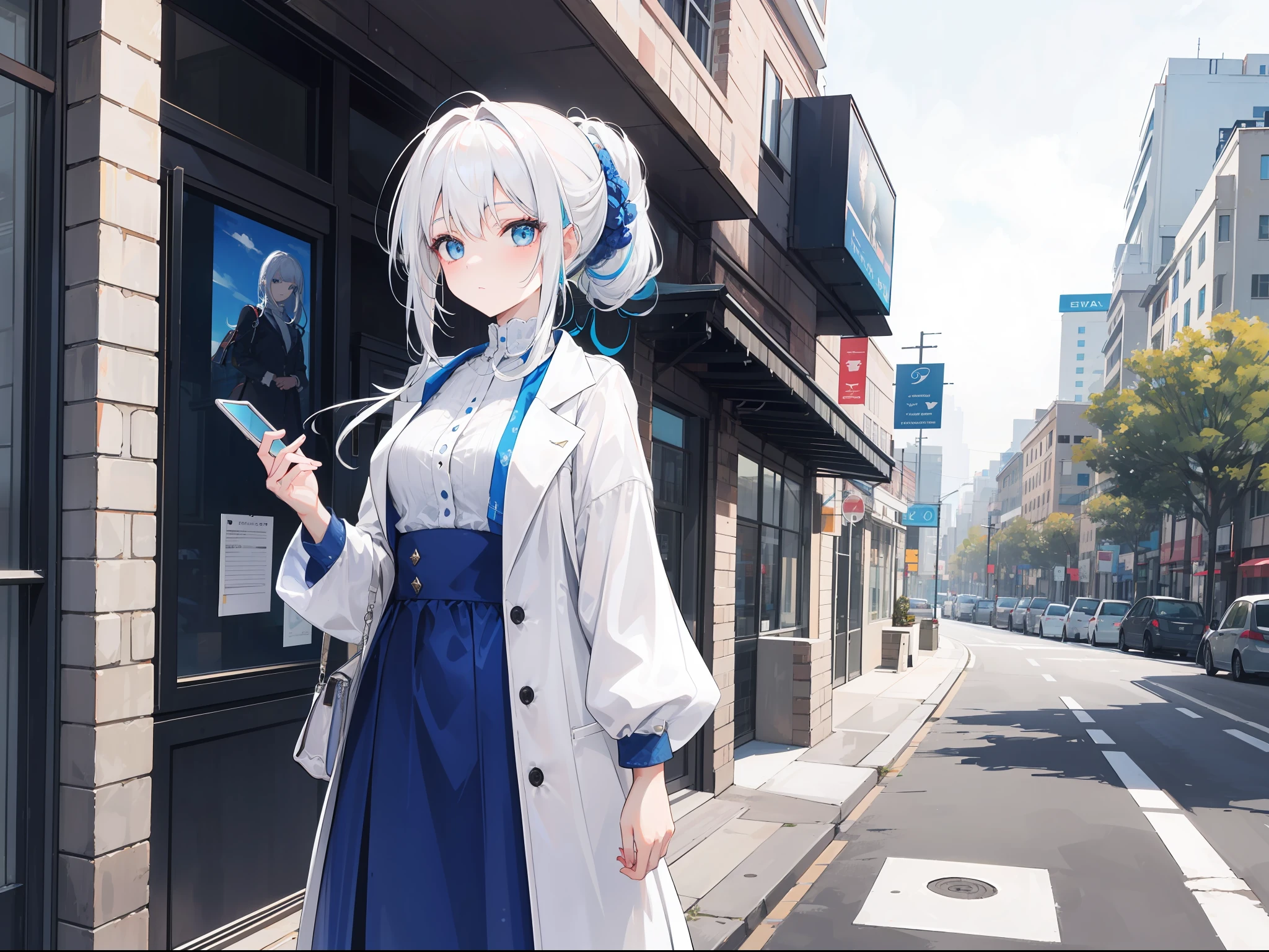 Create a girl with flowing vibrant white hair and striking sharp blue eyes, her hair tied up beautifully, she was dressed for a walk in a stylish modern white, she waiting outside front of museum art