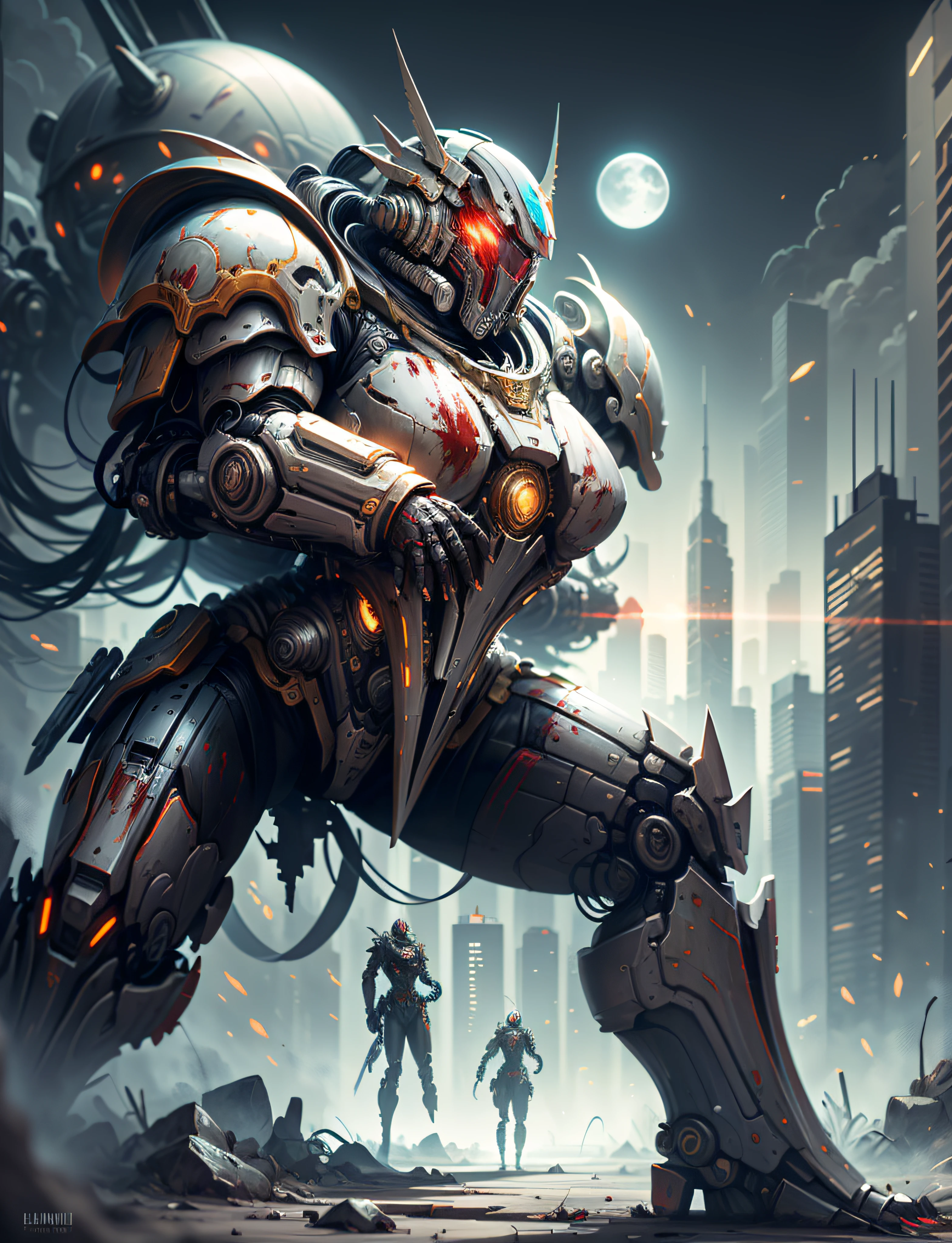 Space Marine, Harhammer 40,000, World at War, Beautiful Cyberpunk Woman with Very Detailed Mecha Treatment, Vibrant Colors, Metallic Red, Bloodthirsty, With Sky With Clouds And Full Moon, Full Body With Detailed Armor, Bloody Battlefield,