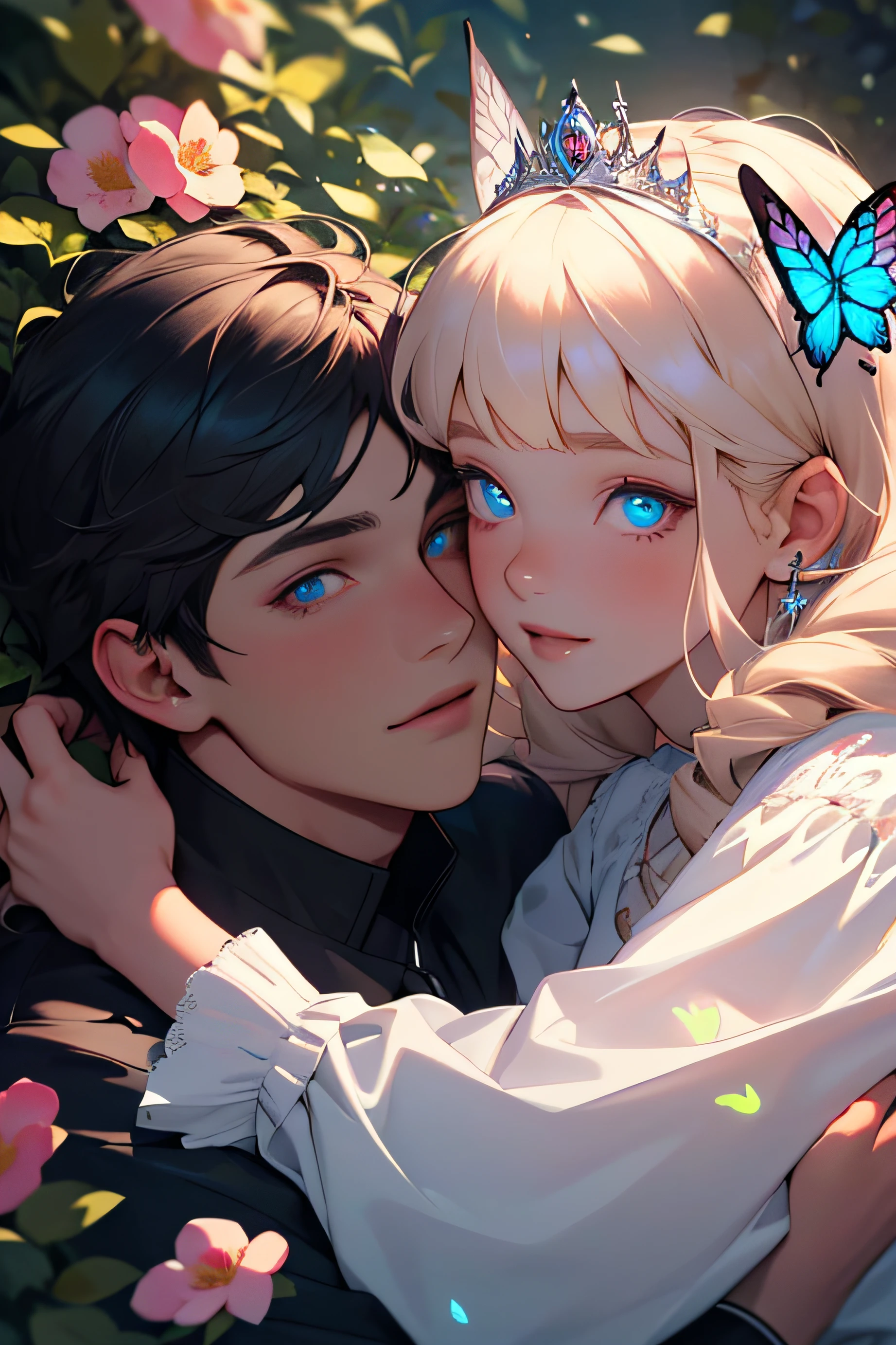 1 girl, 1 boy, princess hug, flower bush, masterpiece, best quality, delicate facial features, glowing butterflies, beautiful eyes, beautiful face