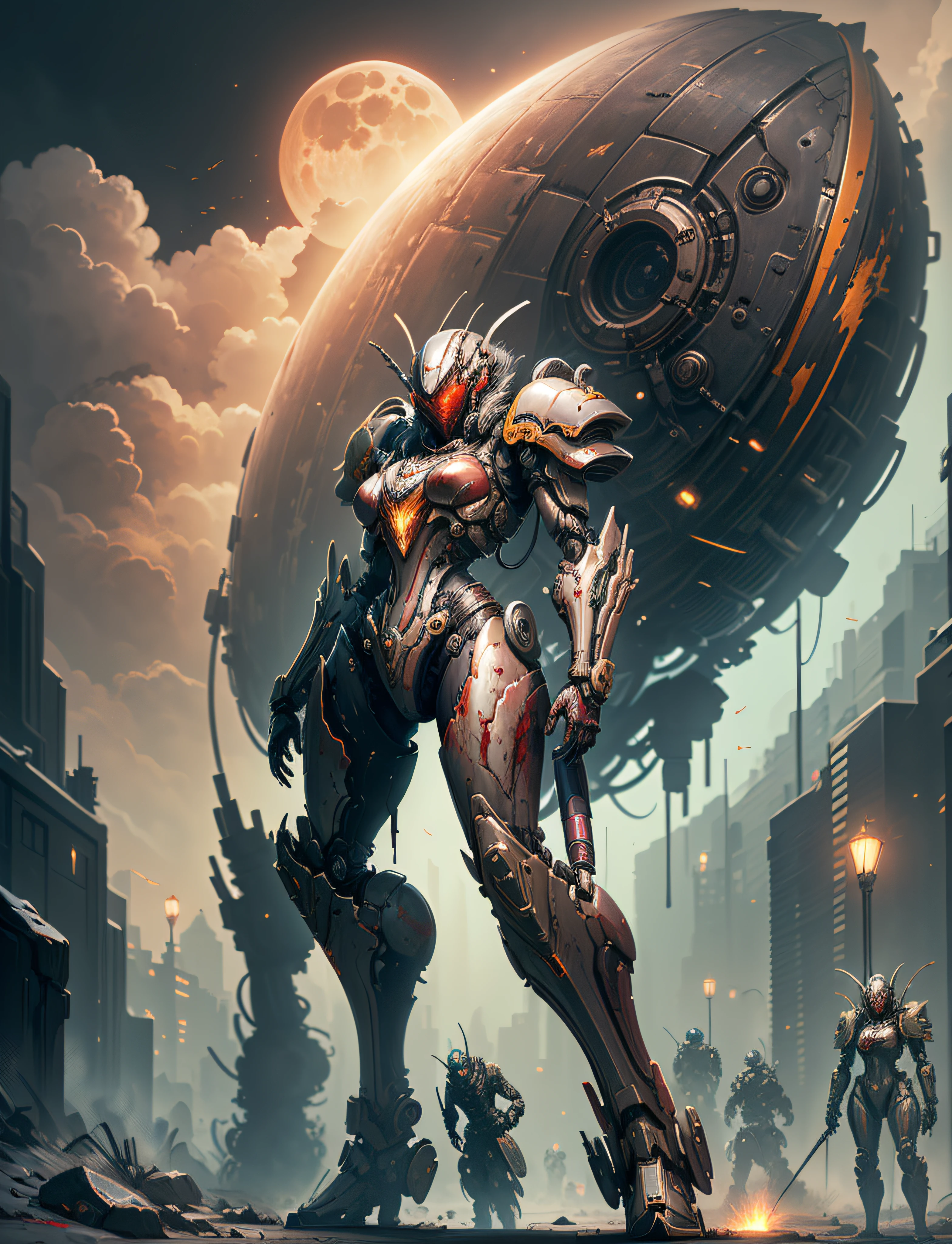 Space Marine, Harhammer 40,000, World at War, Beautiful Cyberpunk Woman with Very Detailed Mecha Treatment, Vibrant Colors, Metallic Red, Bloodthirsty, With Sky With Clouds And Full Moon, Full Body With Detailed Armor, Bloody Battlefield,