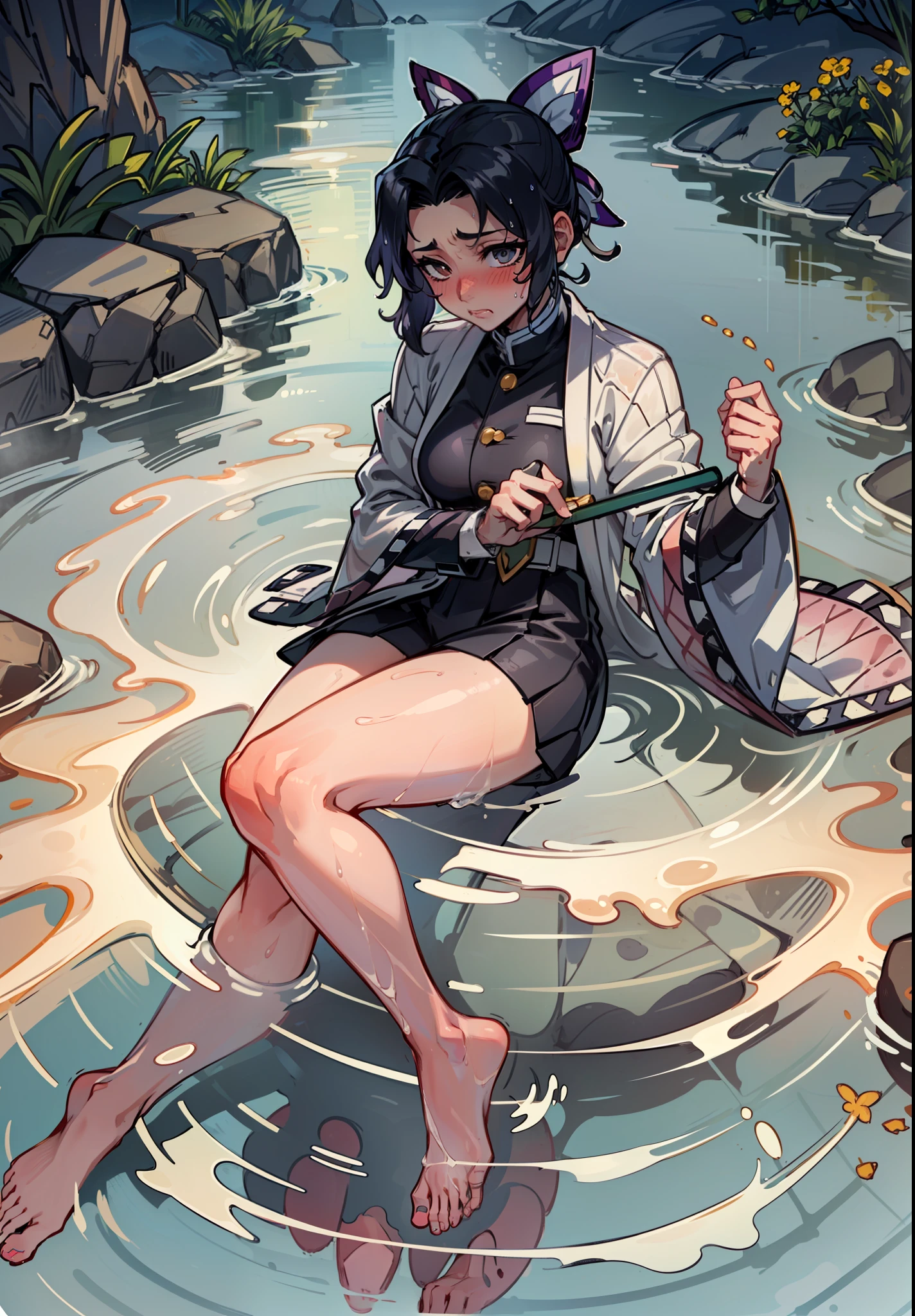 (Masterpiece: 1.2), (Best Quality: 1.2), Solo, 1 Girl, Shinobu Koshu, ((Sticky white liquid on the legs)), ((Body wet)) ((Wet Thighs)), erotic, medium breasts, wet breasts, squat, having to pee, (Pee yourself: 1.3), Demon Slayer uniform, blushing, embarrassed, (looking at the camera),
