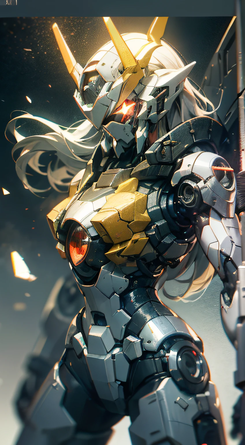 A Girl, Smoke, Explosion, Shards, Mecha Style, Mech Girl, Helmet Dragon Mask Open, (Battlefield: 1.4), (Running: 1.4), (Shot: 1.4), (Railgun: 1.4), (Thick: 1.4), (Long Silver Hair: 1.4), Red Eyes, HDR (High Dynamic Range), Ray Tracing, NVIDIA RTX, Super Resolution, Unreal 5, Subsurface Scattering, PBR Textures, Post Processing, Anisotropic Filtering, Depth of Field ,Maximum Clarity and Acutance, Multi-layer textures, Albedo and specular maps, Surface shading, Accurate simulation of light-material interactions, Octane rendering, Duotone lighting, Low ISO, White balance, Rule of thirds, Large aperture, 8K RAW, High efficiency sub-pixel, Subpixel convolution, (luminous particles: 1.4), {{Masterpiece, Best Quality, Extremely detailed CG, Unity 8k wallpaper, 3D, cinematic lighting, lens flare}},
