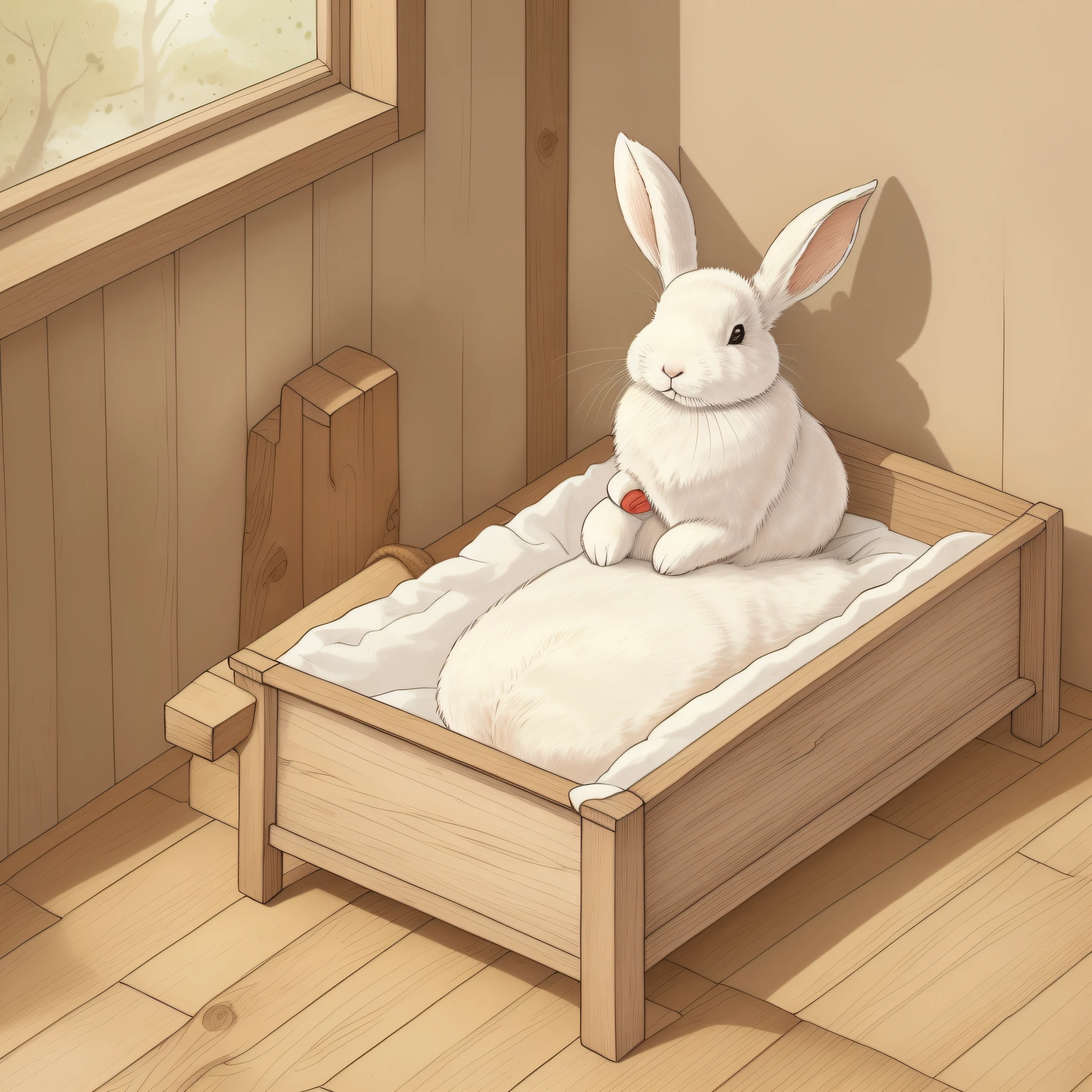 children's picture book illustration, realistic white rabbit, anthropomorphic rabbit, rabbit sleeping in a rustic bed, sleeping rabbit setting material, cute, color illustration,