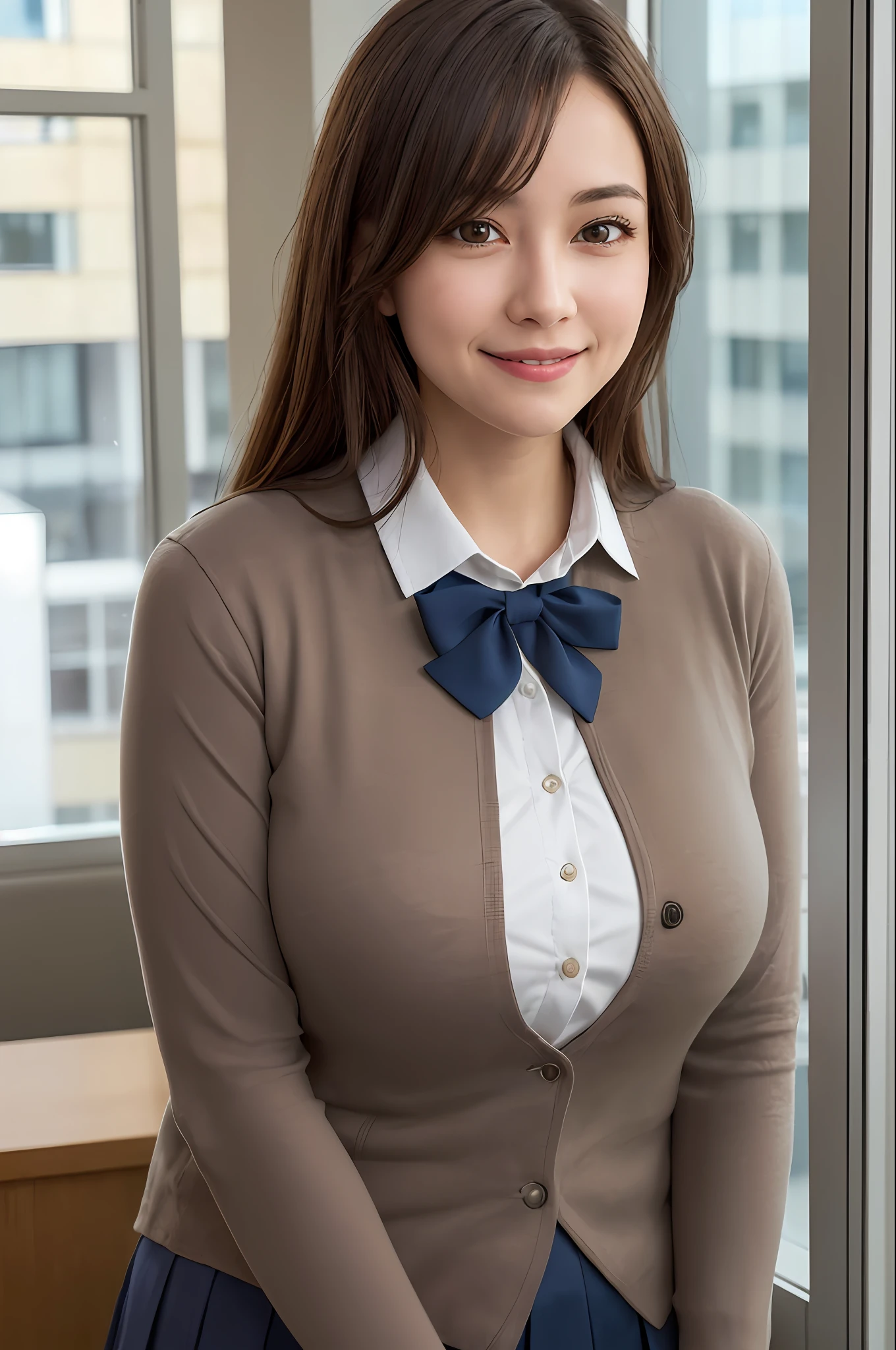 1 girl, mature woman, school uniform with open chest, photo, realistic, top quality, adopted, detailed face, smile: 1.5, brown hair, office, building from window, detailed background, diffused sunlight, depth of field, bokeh, face when with someone you like, large and disturbing breasts: 1.5, oversize, plussize