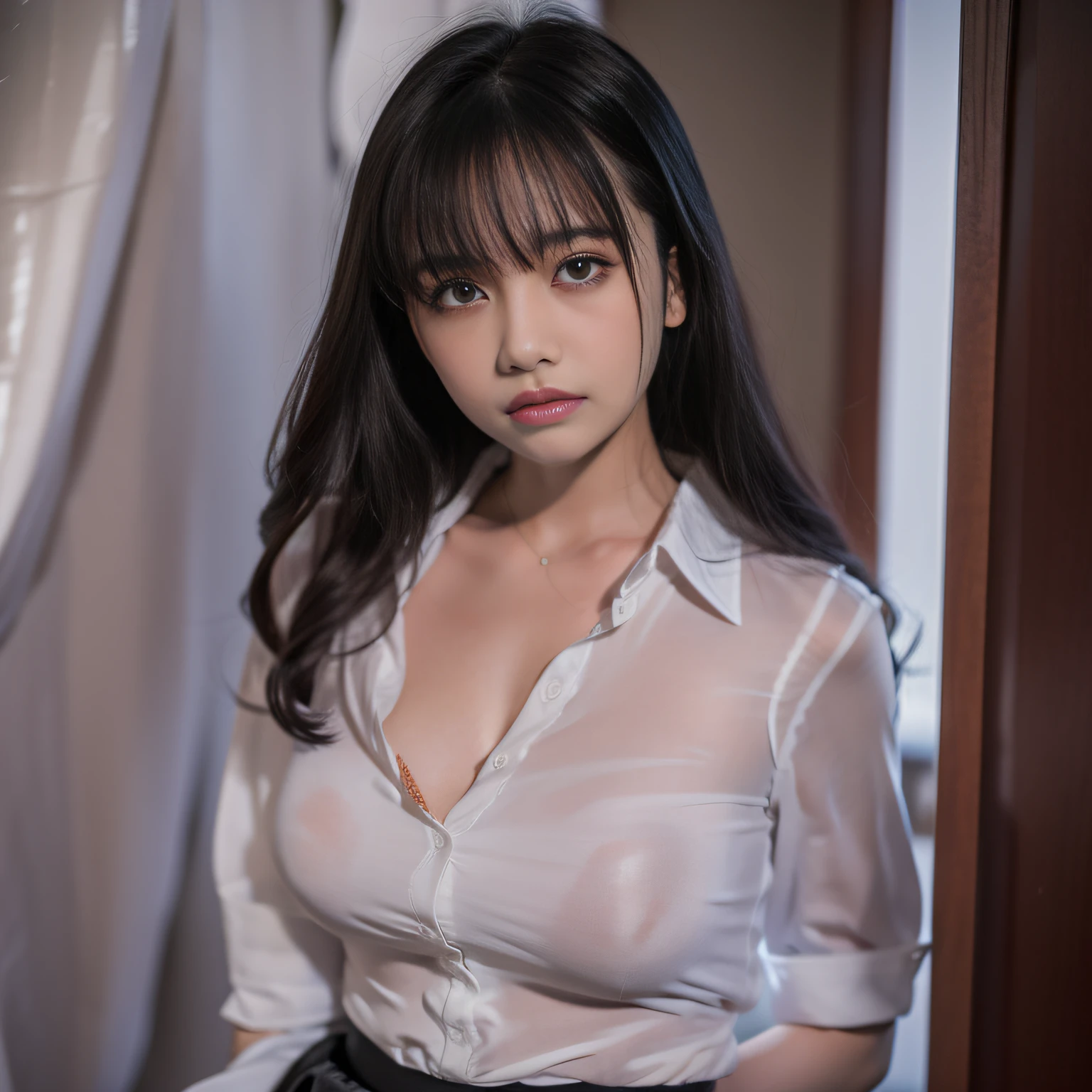araffed asian woman in a skirt and white shirt posing for a picture, wearing a blouse, wearing white shirt, fine white shirt, wearing in shirt, clothed in white shirt, wearing a white button up shirt, wearing a white shirt, open shirt, wearing a white blouse, white blouse, wearing a light shirt, wearing tight simple clothes, white shirt