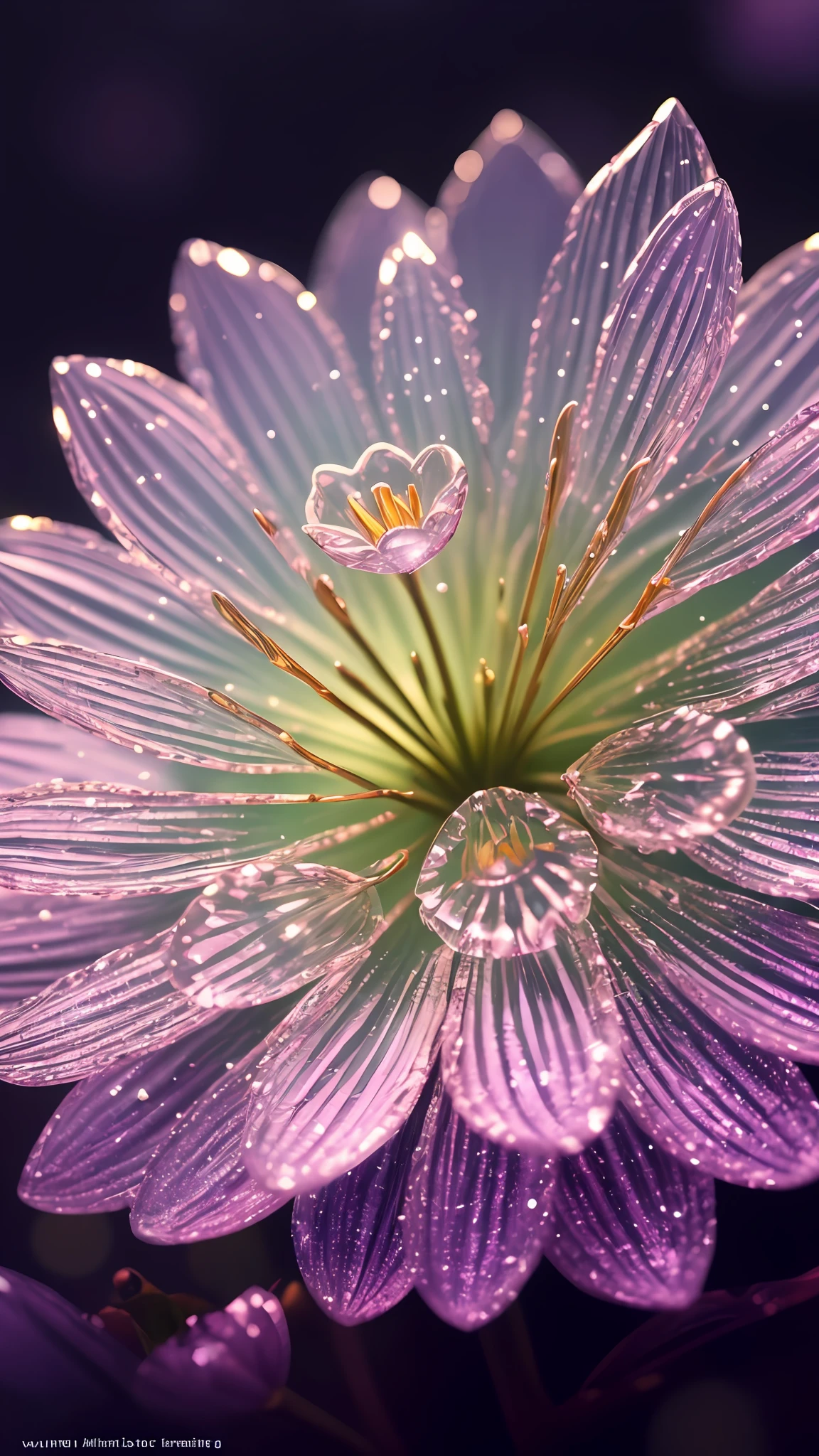 crystal spring flower, fantasy, galaxy, transparent, soft light, dark background, colorful, magical photography, dramatic lighting, photo realism, ultra detail, 4k, depth of field, high resolution