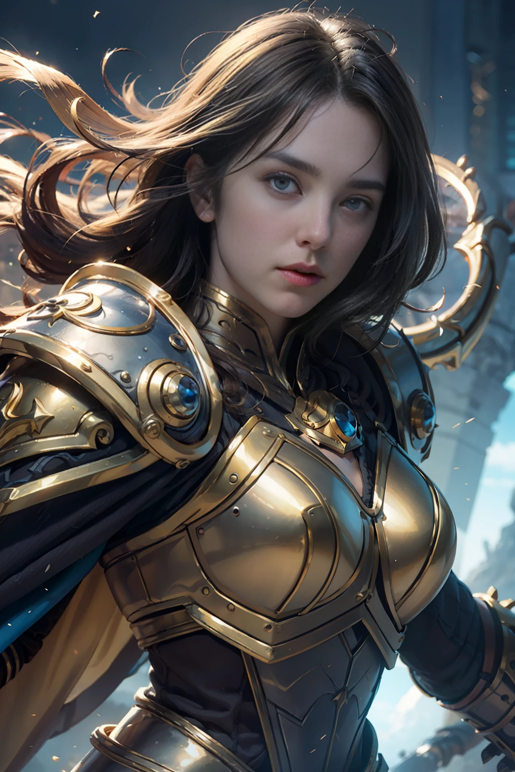 Masterpiece, Top Quality, Photorealistic, Highly Detailed, Octane Rendering, Unreal Engine, 8k HD, Ultra Detailed, Realistic Skin Texture, Best Quality, Ultra High Resolution, Raw Photos, Dramatic Lighting, Unreal Engine, Diffused Light, Dynamic Pose8k,ultra detailed, masterpiece, best quality, (extremely detailed), dynamic angle, Mysterious expression, wind effect, fantasy background, rim lighting, cinematic light, ultra high res, 8k uhd, film grain,best shadow, delicate, RAW, light particles, detailed skin texture, detailed armor texture, detailed face, intricate details, ultra detailed, bright, strong, golden armor, (holding hammer), smashing, smash action, pauldrons, glowing yellow eyes, long cape, fantasy, (realistic), shoulder armor, complex, intricate, perfect lighting, looking at viewer, cinematic lighting, flying in sky,flying, holy light, vivid, bangs, windy, paladin