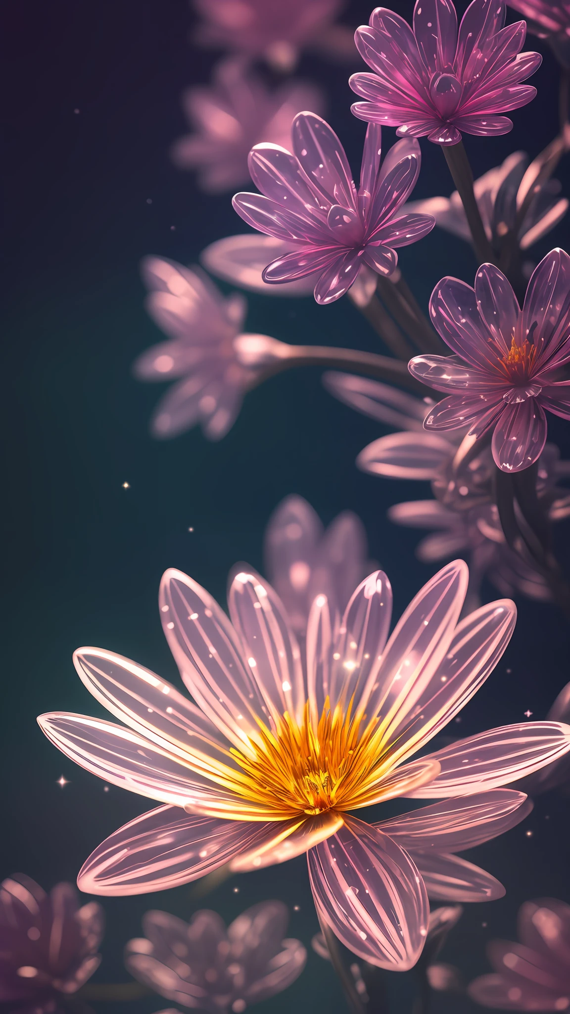 crystal spring flower, fantasy, galaxy, transparent, soft light, dark background, colorful, magical photography, dramatic lighting, photo realism, ultra detail, 4k, depth of field, high resolution