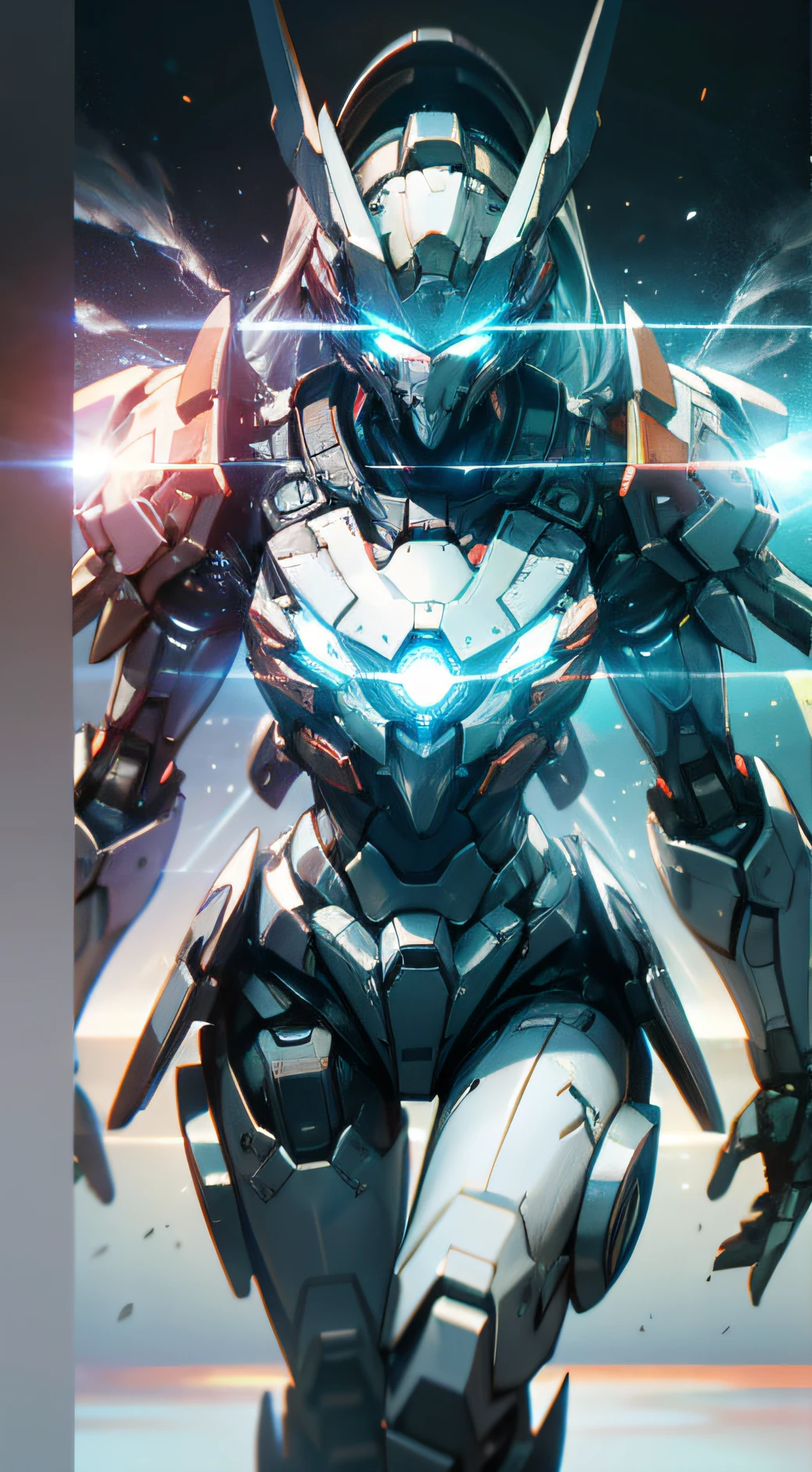 A Girl, Smoke, Explosion, Shards, Mech Style, Mecha Girl, Helmet Dragon Mask Open, (Battlefield: 1.4), (Running: 1.4), (Shooter: 1.4), (Railgun: 1.4), (Thick: 1.4), (Long Silver Hair: 1.4), Blue Eyes, HDR (High Dynamic Range), Ray Tracing, NVIDIA RTX, Super Resolution, Unreal 5, Subsurface Scattering, PBR Textures, Post Processing, Anisotropic Filtering, Depth of Field ,Maximum Clarity and Acutance, Multi-layer textures, Albedo and specular maps, Surface shading, Accurate simulation of light-material interactions, Octane rendering, Duotone lighting, Low ISO, White balance, Rule of thirds, Large aperture, 8K RAW, High efficiency sub-pixel, Subpixel convolution, (luminous particles: 1.4), {{Masterpiece, Best Quality, Extremely detailed CG, Unity 8k wallpaper, 3D, cinematic lighting, lens flare}},