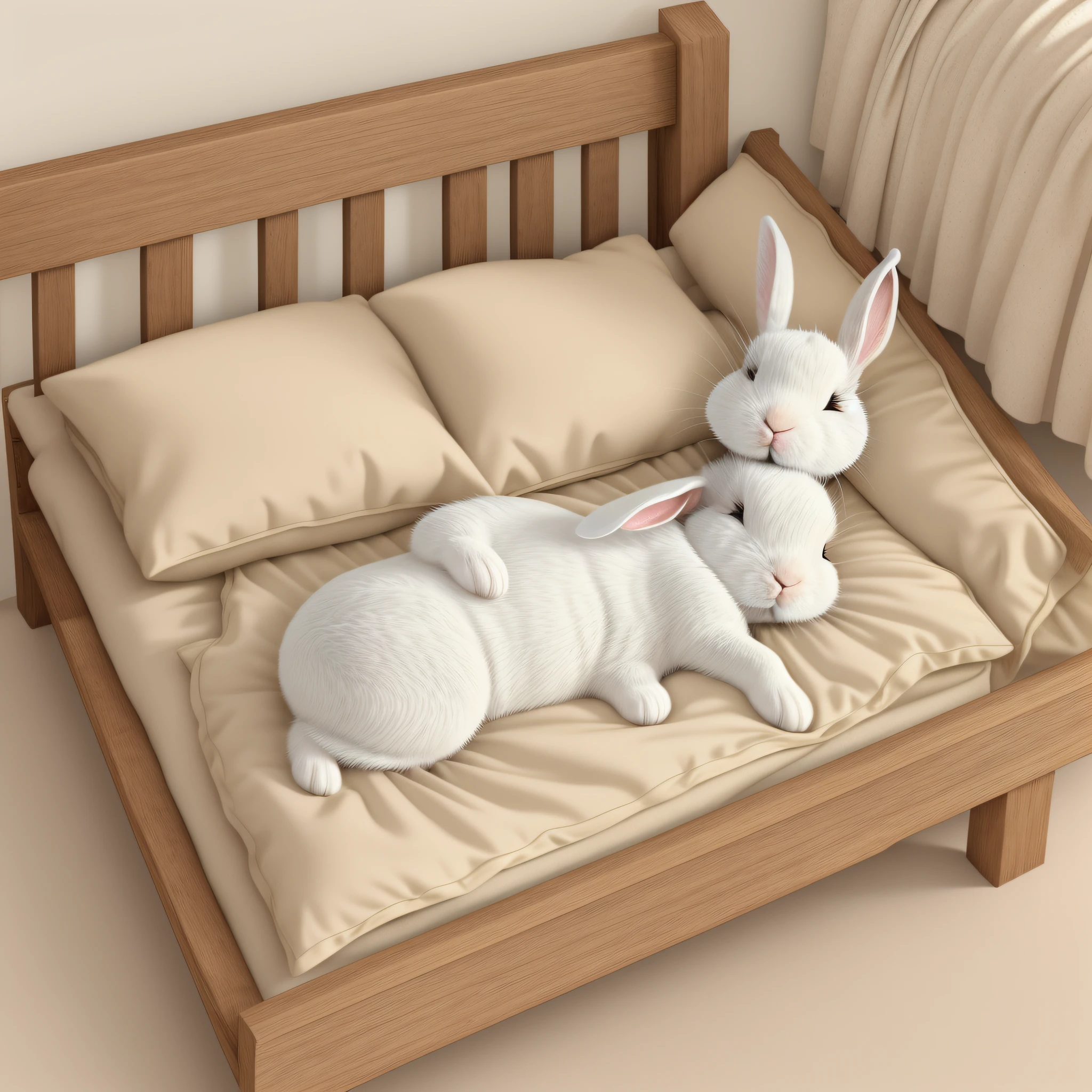 Children's picture book illustration, realistic white rabbit, anthropomorphic rabbit, rabbit sleeping in rustic bed, sleeping rabbit setting material, cute, color illustration
