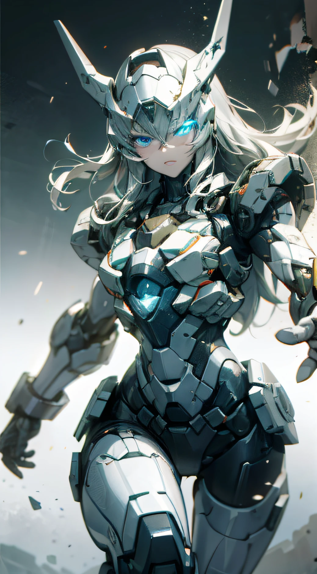 A Girl, Smoke, Explosion, Shards, Mech Style, Mecha Girl, Helmet Dragon Mask Open, (Battlefield: 1.4), (Running: 1.4), (Shooter: 1.4), (Railgun: 1.4), (Thick: 1.4), (Long Silver Hair: 1.4), Blue Eyes, HDR (High Dynamic Range), Ray Tracing, NVIDIA RTX, Super Resolution, Unreal 5, Subsurface Scattering, PBR Textures, Post Processing, Anisotropic Filtering, Depth of Field ,Maximum Clarity and Acutance, Multi-layer textures, Albedo and specular maps, Surface shading, Accurate simulation of light-material interactions, Octane rendering, Duotone lighting, Low ISO, White balance, Rule of thirds, Large aperture, 8K RAW, High efficiency sub-pixel, Subpixel convolution, (luminous particles: 1.4), {{Masterpiece, Best Quality, Extremely detailed CG, Unity 8k wallpaper, 3D, cinematic lighting, lens flare}},