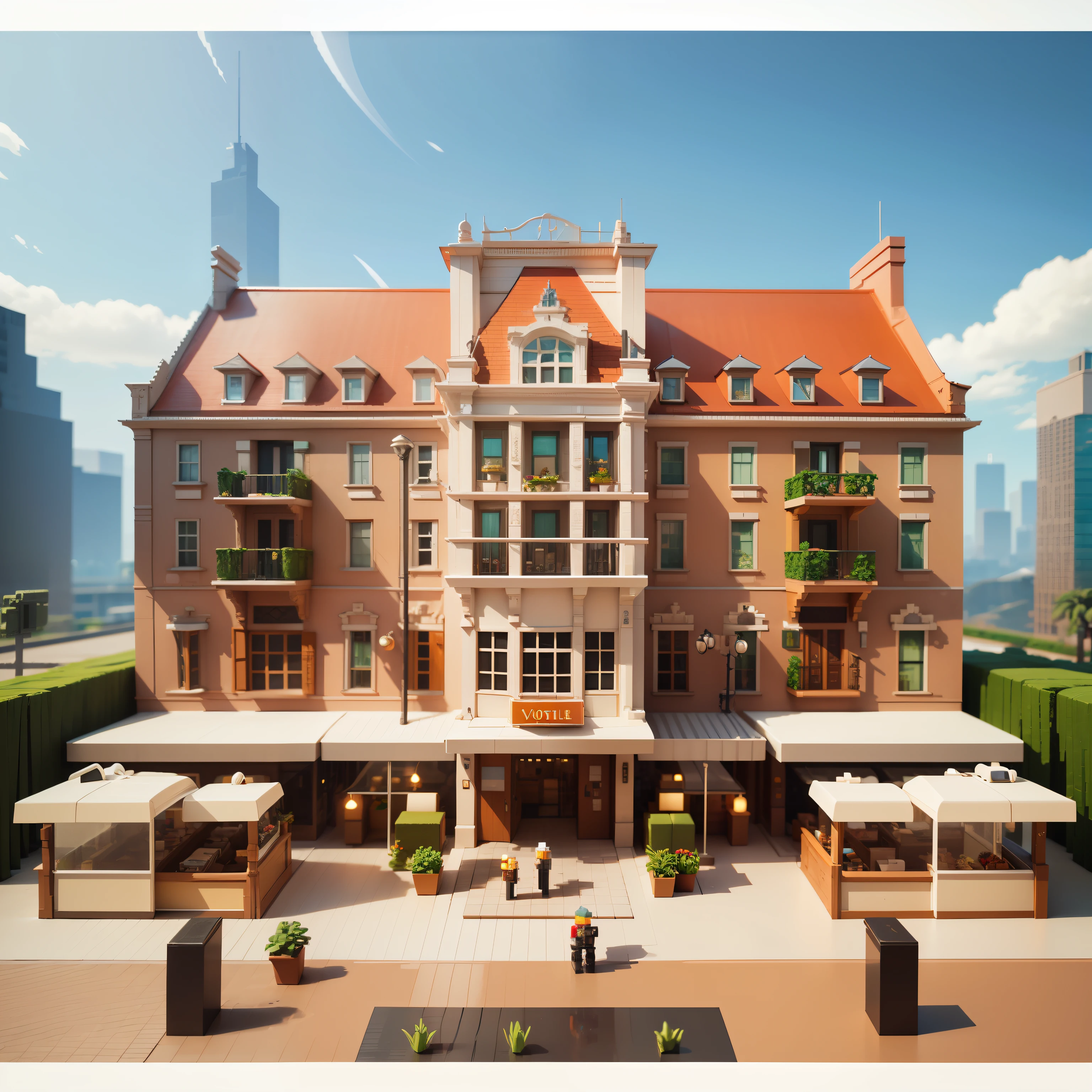 Pixel style, Modern style, Scenic Area, Hotel, Front, No background, rich color matching, blind box style, toy model, voxel, Very detailed, Ultra-high resolution, 8K UHD --auto