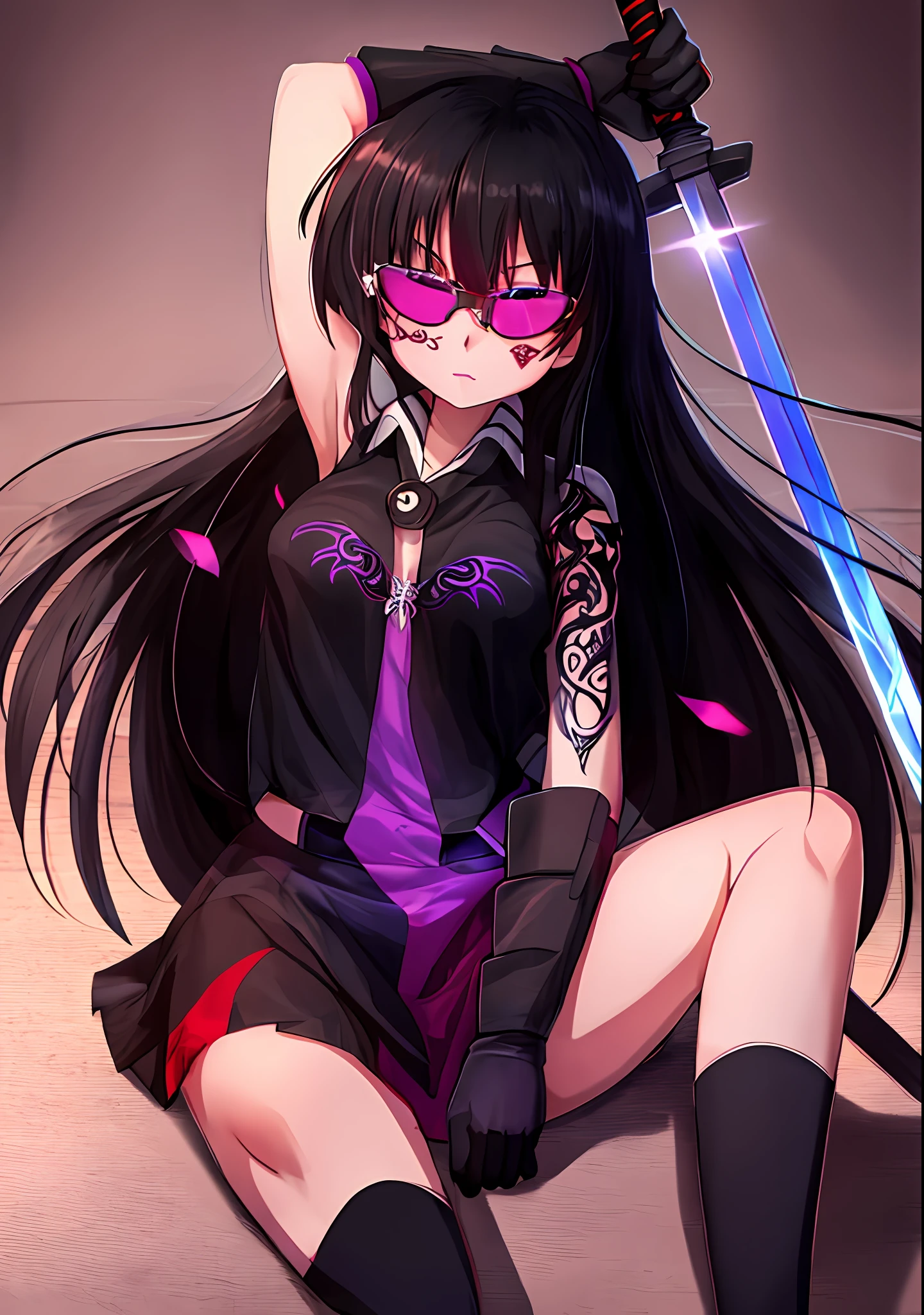 Anime girl, with tattoos and purple reflective glasses holding a sword, with black and red dress, light white skin, long black hair, Akame character from Akame Ga Kill, propped up and sitting with her leg open, 2d anime.