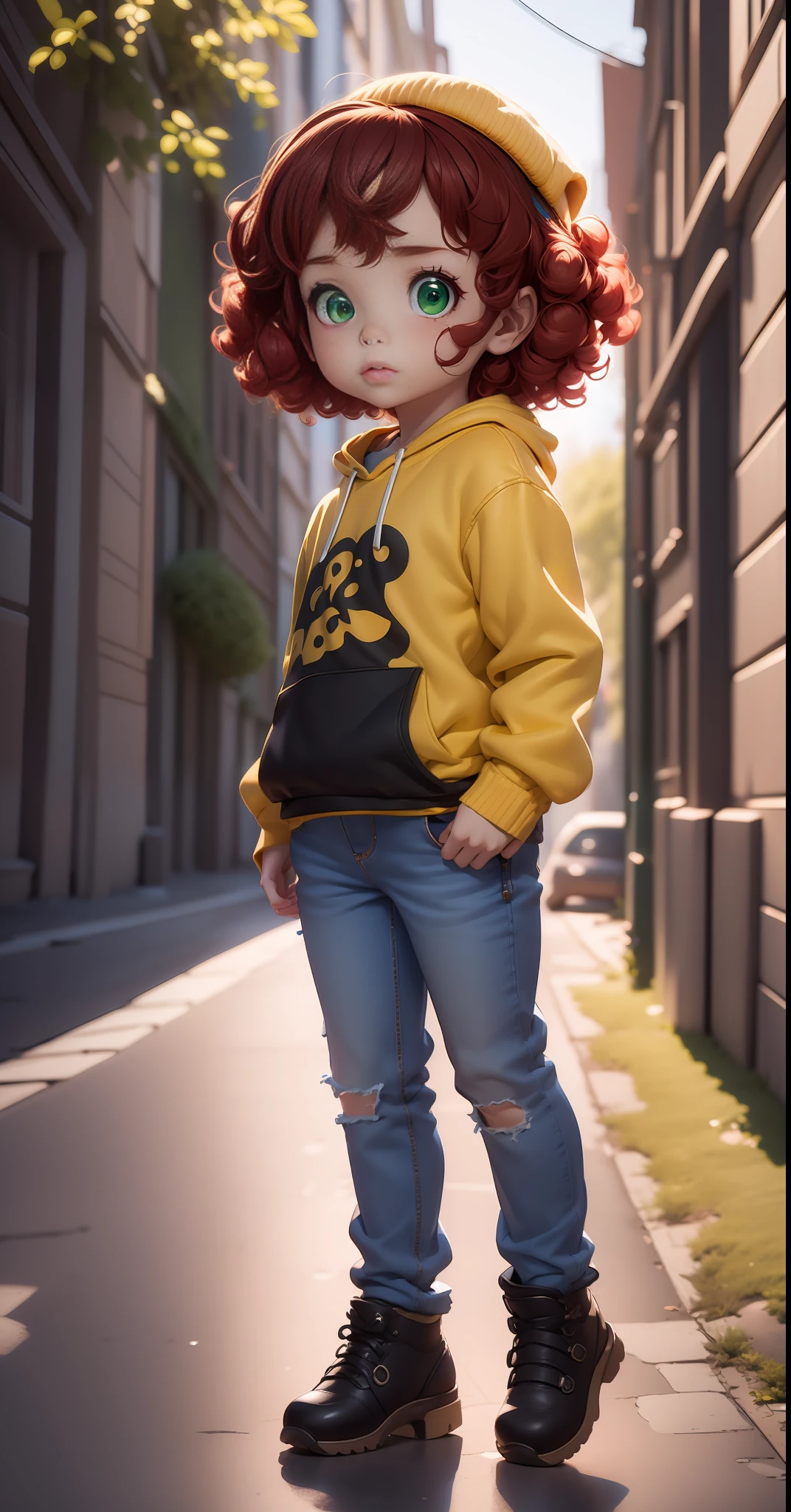 beautiful ***********,red curly hairs, green eyes,use burrows beret,yellow,cold and occluded,esculo,red,dark lens,use of little monkey Jean, realistic high 3D cartoon style full body dynamic lighting in a .colorful scenery,in a 4k,8k photographic pose.