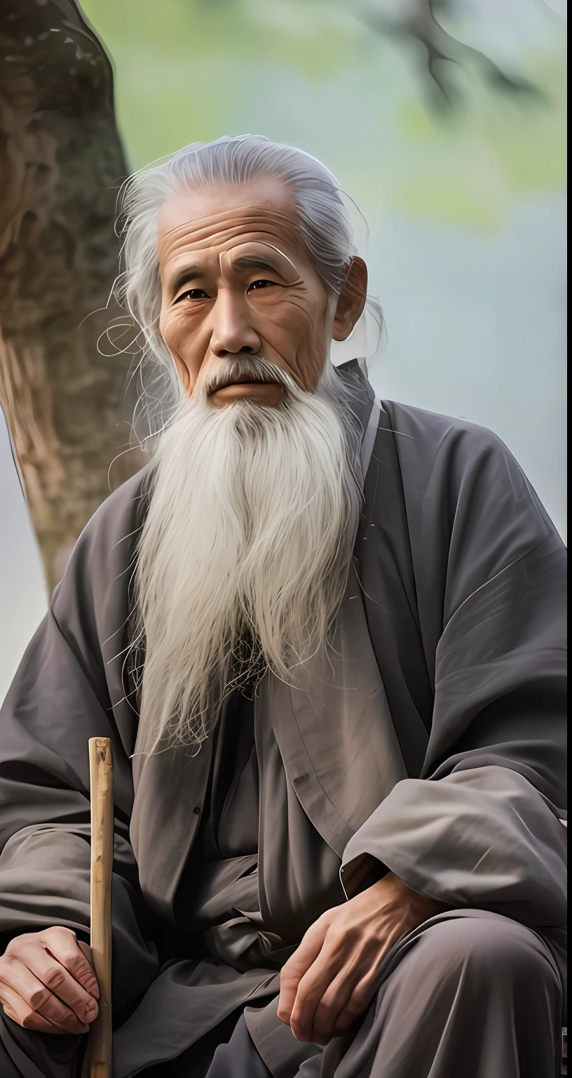 an old man with a long white beard sitting on a bench, wise old man, an old man, taoist priest, portrait photo of an old man, taoist master, very long white beard and hair, ancient japanese monk, long white beard, long grey beard, peaceful expression, old man, inspired by Wu Daozi, portrait of monk