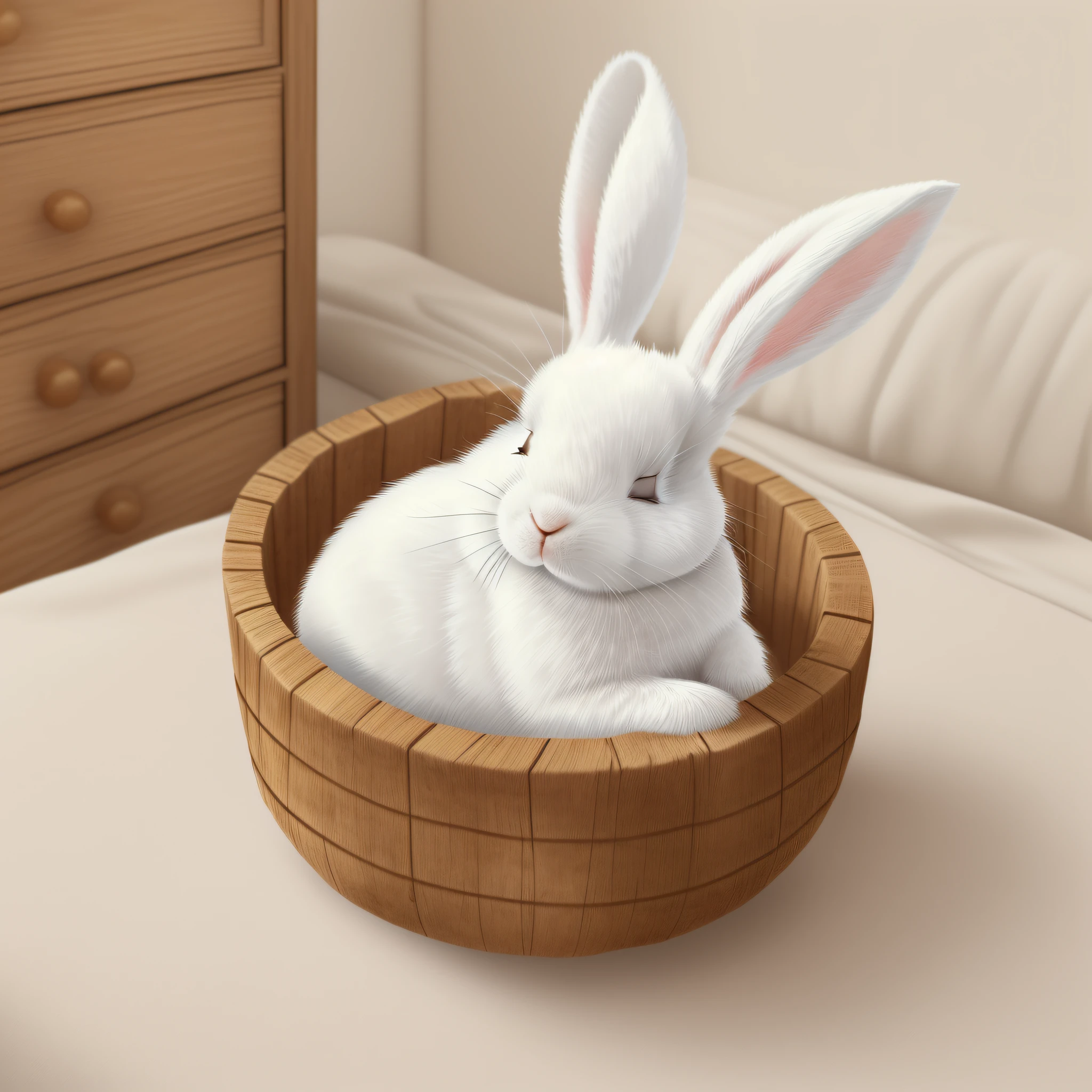 Children's picture book illustration, realistic white rabbit, anthropomorphic rabbit, rabbit sleeping in rustic bed, sleeping rabbit setting material, cute, color illustration