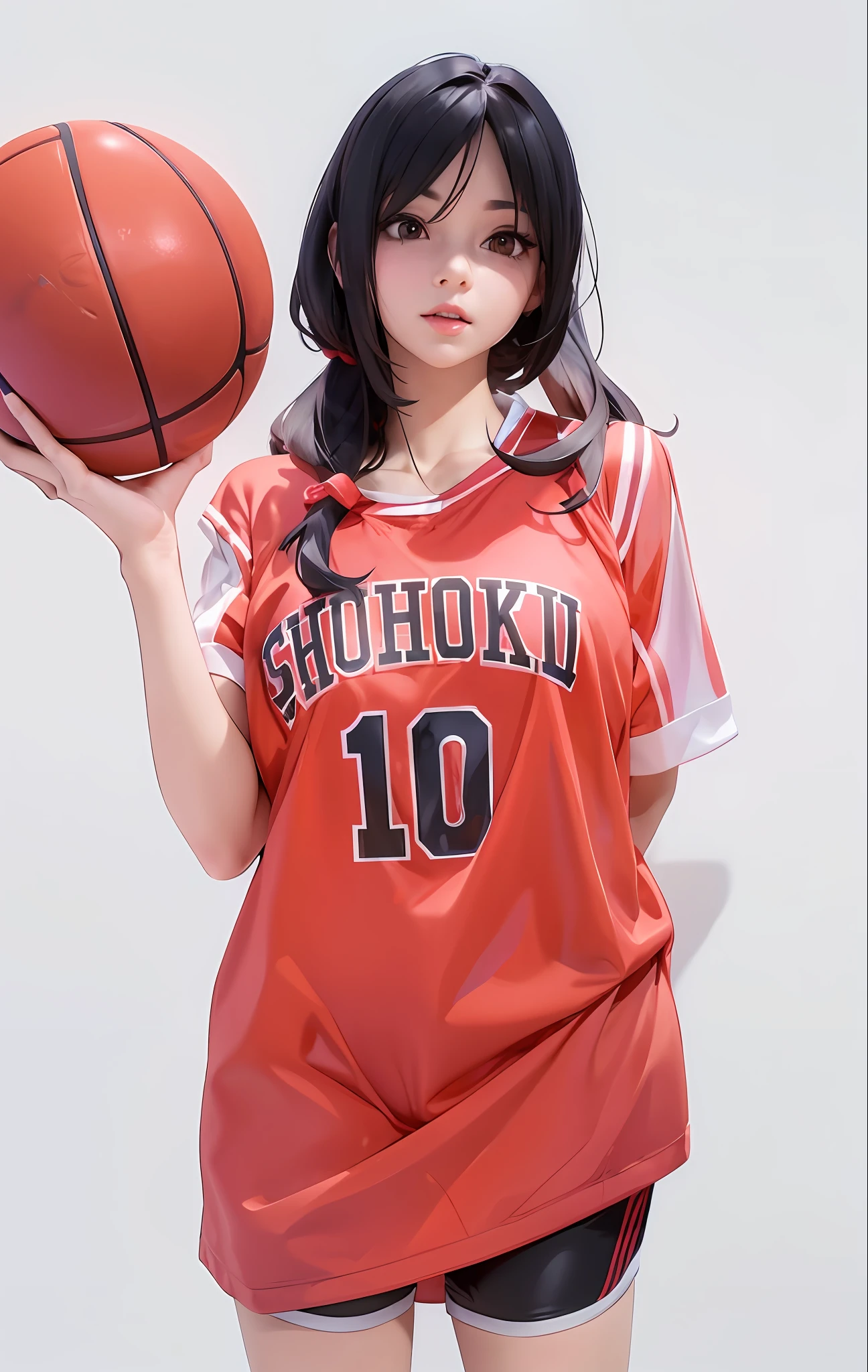 anime girl in a red uniform holding a basketball ball, wearing basketball jersey, ilya kuvshinov. 4 k, guweiz, realistic anime 3 d style, kuvshinov ilya, ilya kuvshinov style, wearing nba jersey, makoto kano, hinata hyuga, kuvshinov, wearing a volleyball jersey, sui ishida