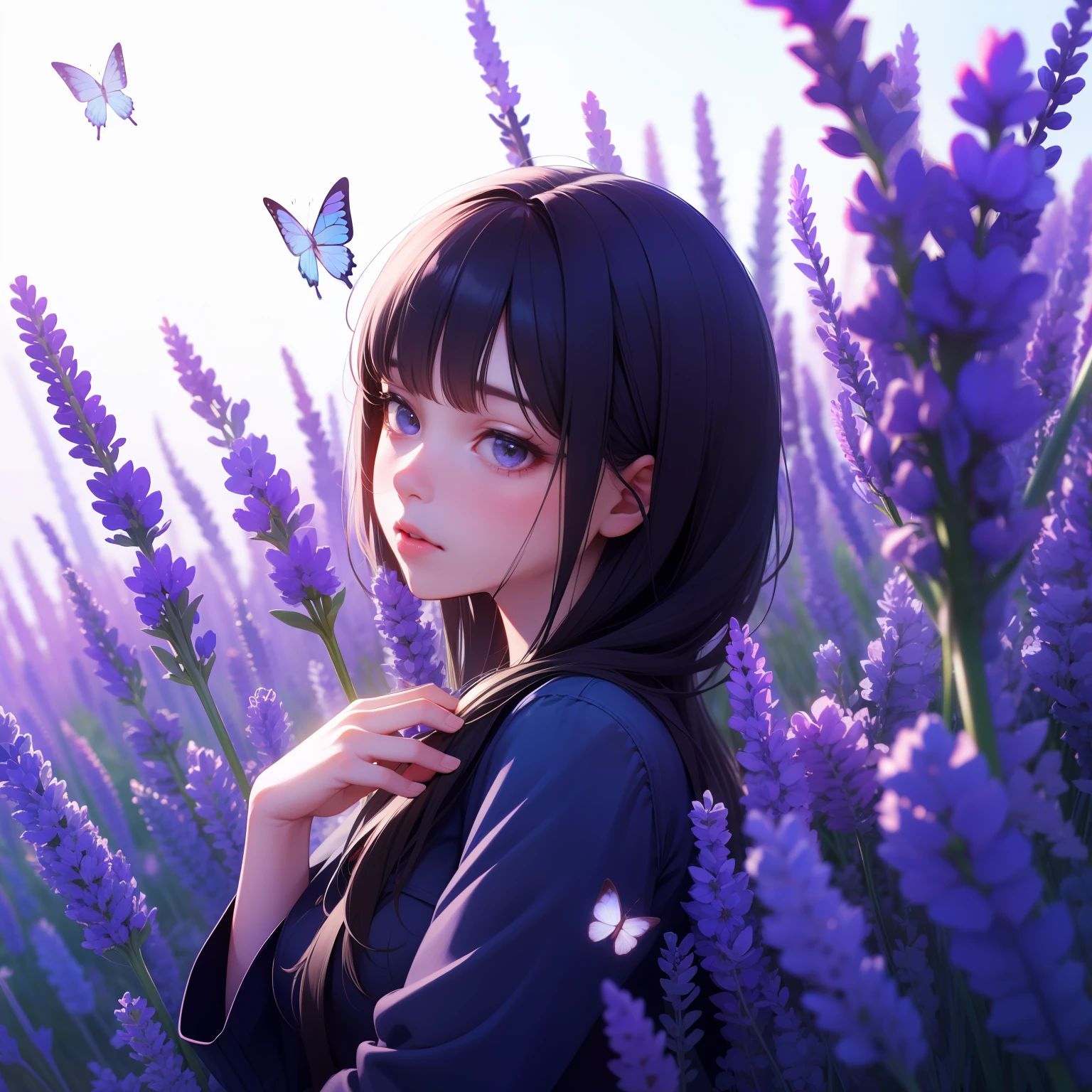 A girl, surrounded by this butterfly, in large lavender field, white tones, hand-painted oil texture, HD quality, detail