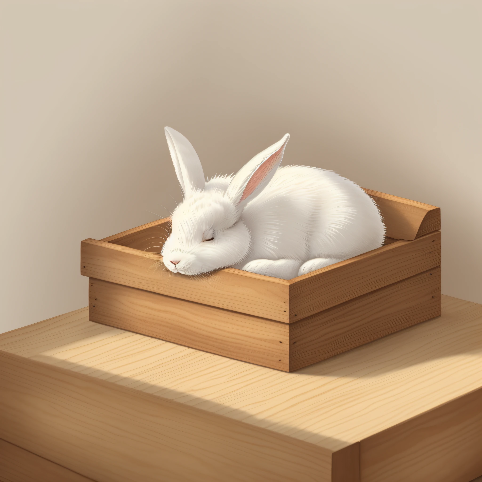 Children's picture book illustration, realistic white rabbit, anthropomorphic rabbit, rabbit sleeping in rustic bed, sleeping rabbit setting material, cute, color illustration