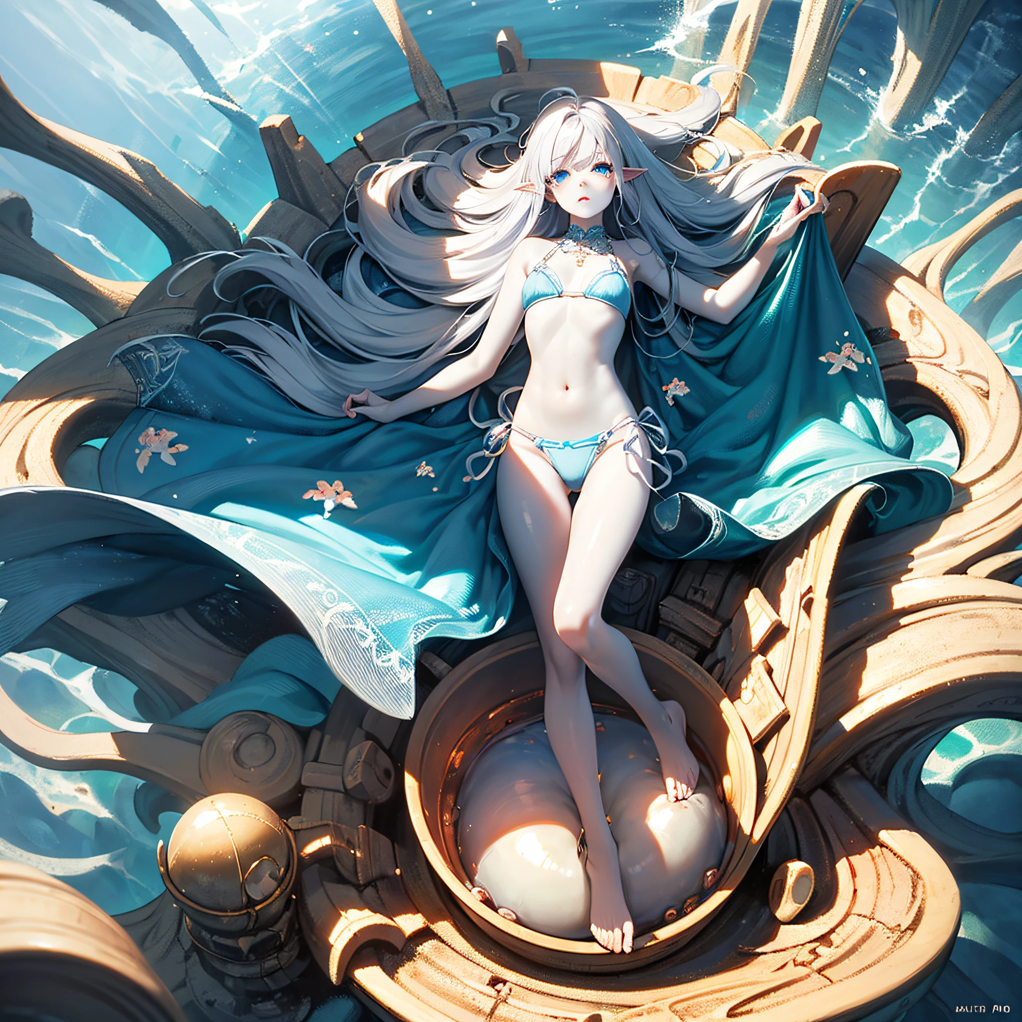 Masterpiece, One Girl, Top Quality, Very Delicate and Beautiful, Very Detailed, Best Rendition, ((8K High Quality Detail Pictorial Art)), ((Pictorial Art)), Mystical, Elf, Mythological Painting,
simple bikini,
Child, on the seabed, bare navel, bare shoulders, lying on his back, floating, white light, clear blue water, full body shooting, spreading arms, coral eggs surfacing up, giant octopus, a large amount of bubbles,
, light, smooth skin, small breasts, slender, (((white skin)), colorful lips, super delicate hair, clear eyes, small buttocks, long hair, petite, super cute, short stature, transparent hair, thin white silver hair, round eyes, --auto