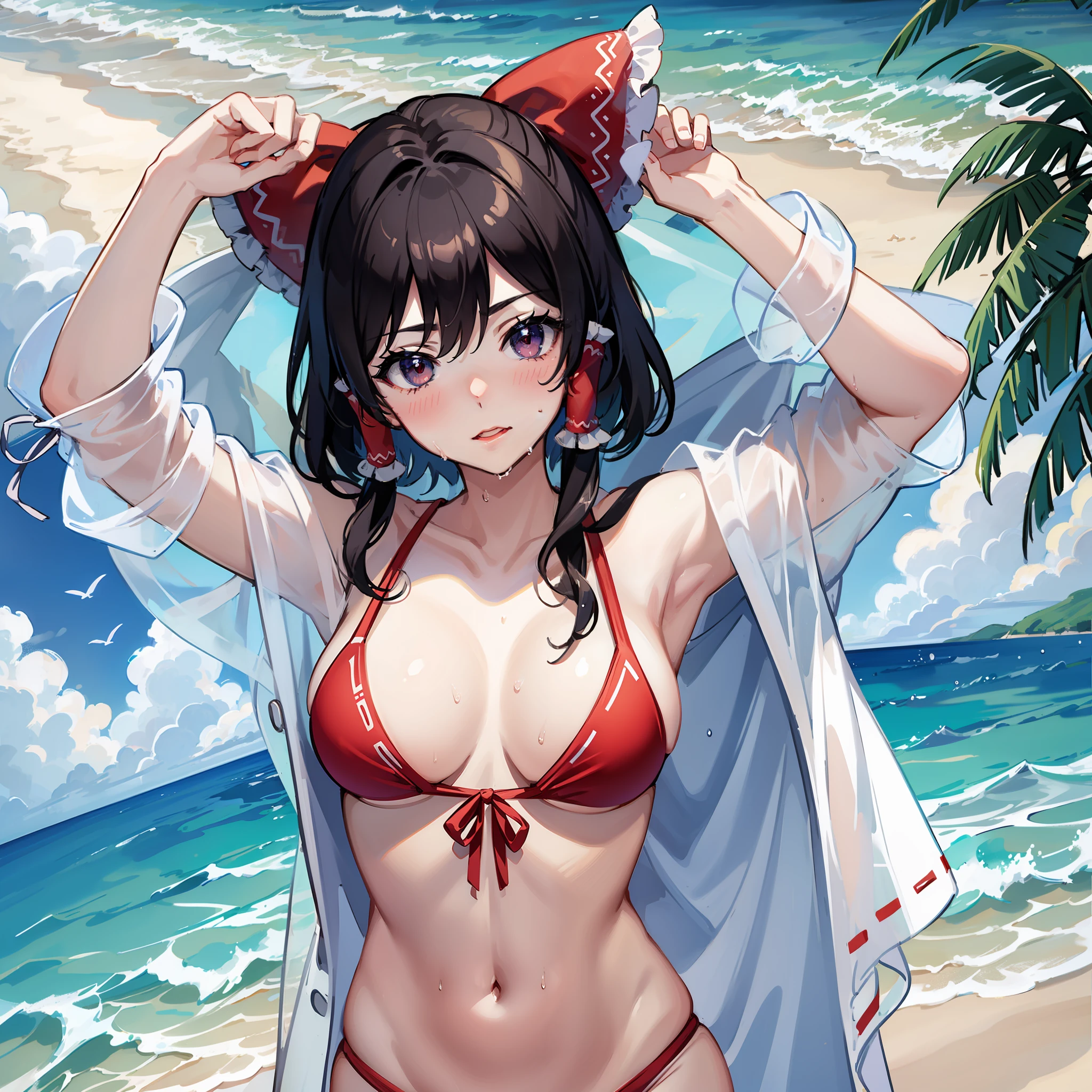 masterpiece, fine detail, 4k, 8k, 12k, solo, two people, beautiful girl, white female, , Reimu Hakurei, Touhou Project, swimsuit👙, bikini, medium tits, blush, shyness, wet clothes, wet hair, beach