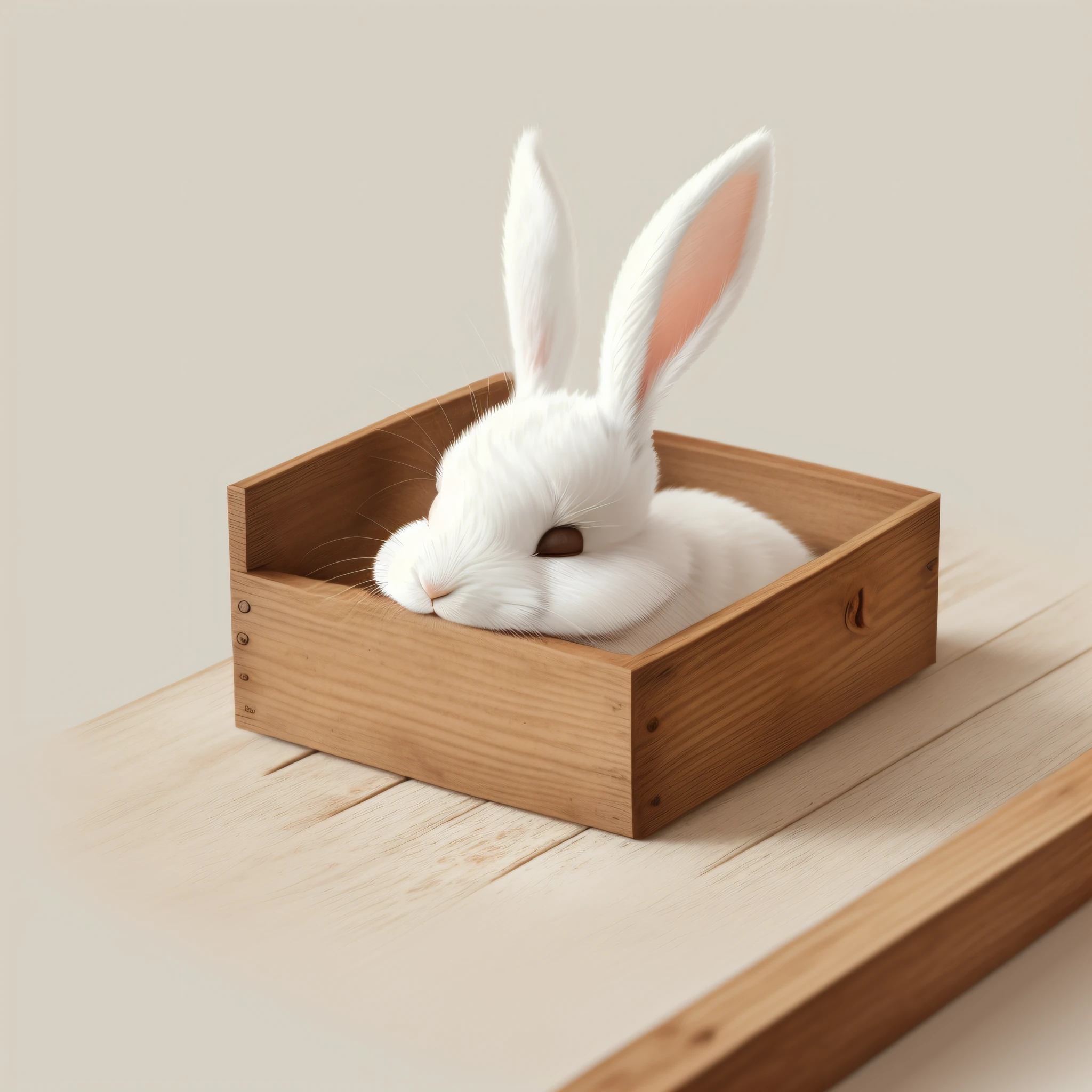 Children's picture book illustration, realistic white rabbit, anthropomorphic rabbit, rabbit sleeping in rustic bed, sleeping rabbit setting material, cute, color illustration