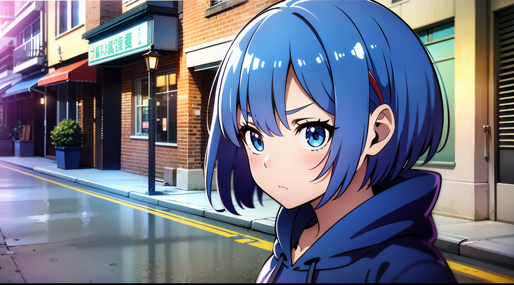 Masterpiece, rem rezero, short hair, blue eyes, serious face, blue hoodie, middle of the street, close up, portrait,