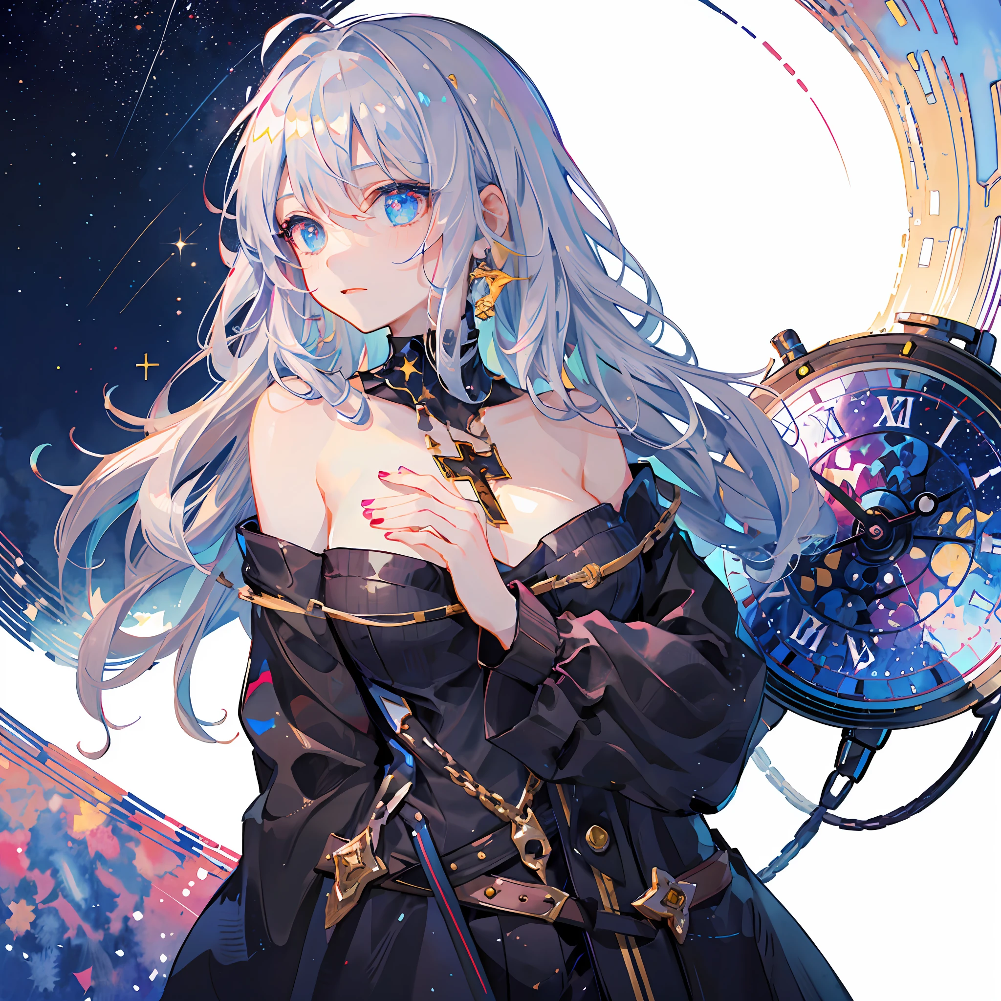 (Masterpiece, Top Quality, Best Quality, Watercolor (Medium), Official Art, Beauty and Aesthetics: 1.2), (1girl: 1.3), (Fractal Art: 1.3), Upper Body, Looking from the Side, Looking at the Viewer, Pattern, (Rainbow Hair, Colored Hair, Half Blue and Half Silver-gray Hair: 1.2) Male, Black T-shirt, Gorgeous Gold Cross Pendant on Chest, Huge Classical Clock Gorgeous Fine Behind Back, Magic Starry Sky 8K, The Strongest Top Masterpiece, The Strongest Top Quality