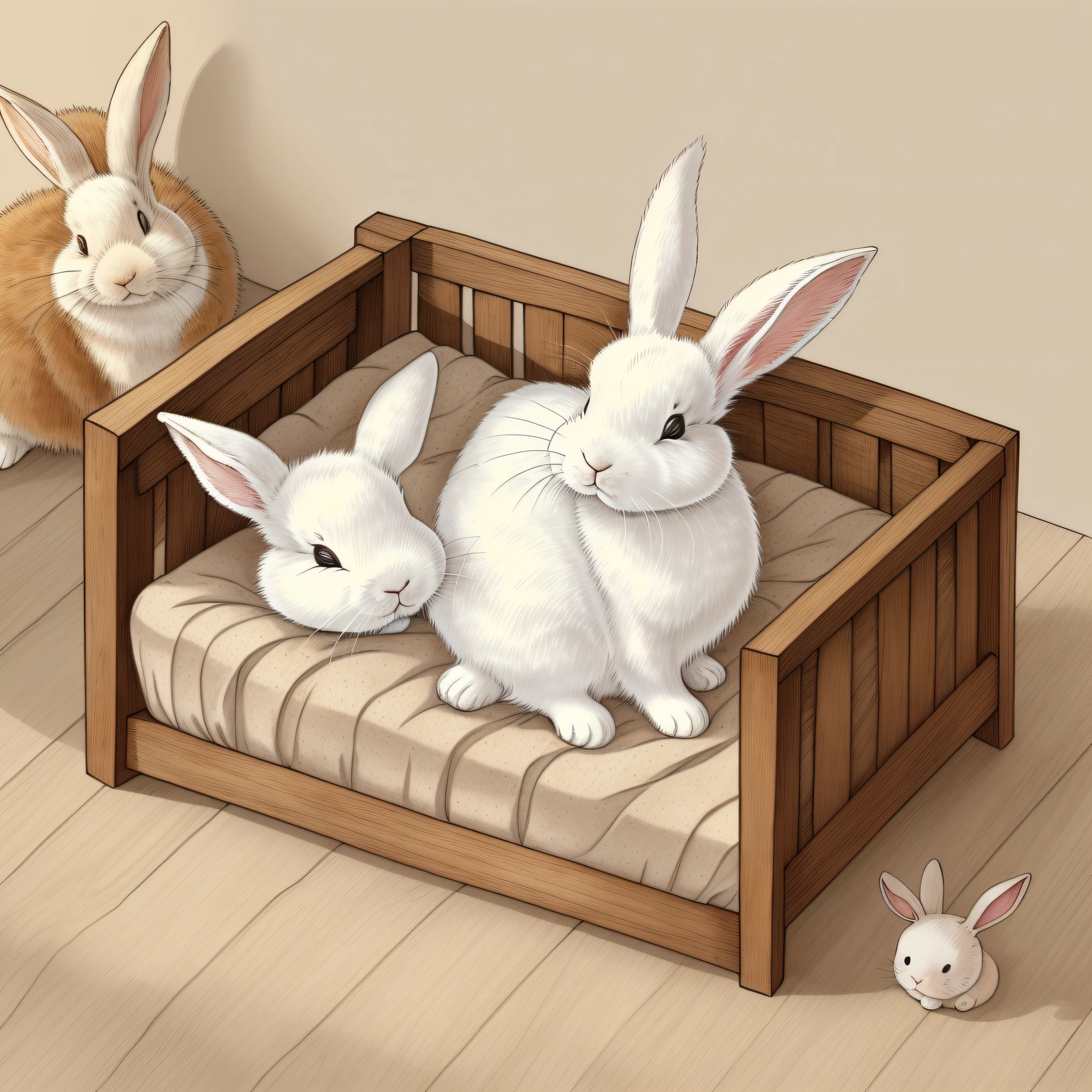 Children's picture book illustration, realistic white rabbit, anthropomorphic rabbit, rabbit sleeping in rustic bed, sleeping rabbit setting material, cute, color illustration