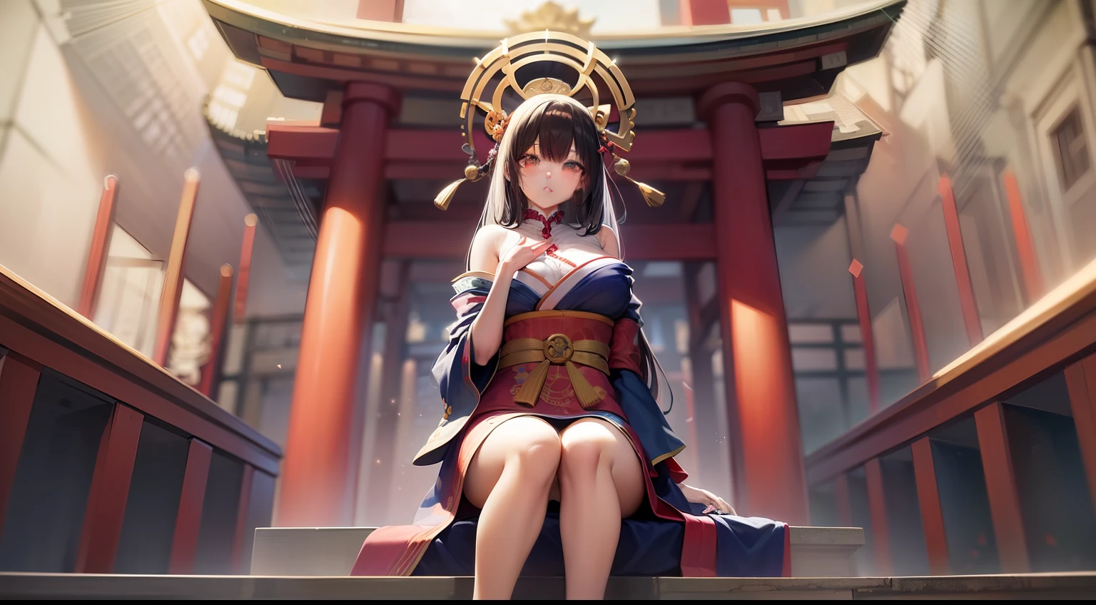 A masterpiece, a vivid kimono, a divine figure, a girl Amaterasu, enshrined and seated in the back of the shrine, facing the front, looking up at a ray of light from below.