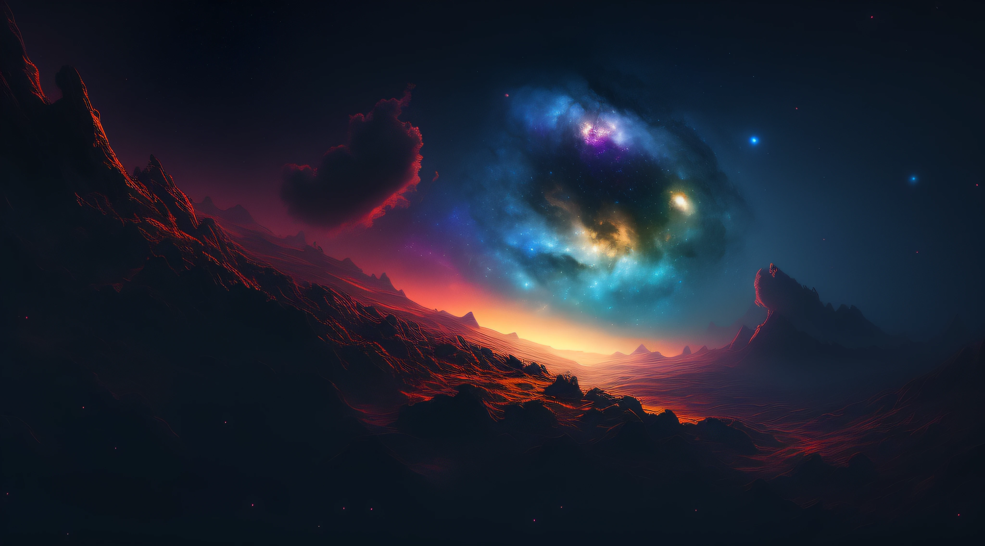 a close up of a picture of a very colorful galaxy, epic beautiful space scifi, dream like atmosphere 8k, dramatic nebula sky, atmospheric fantasy sky, space clouds, 4 k hd wallpaper very detailed, interstellar stormy bright sky, dramatic space sky, space landscape, 4k highly detailed digital art, epic dreamlike fantasy landscape, space sky, galactic landscape, beautiful space