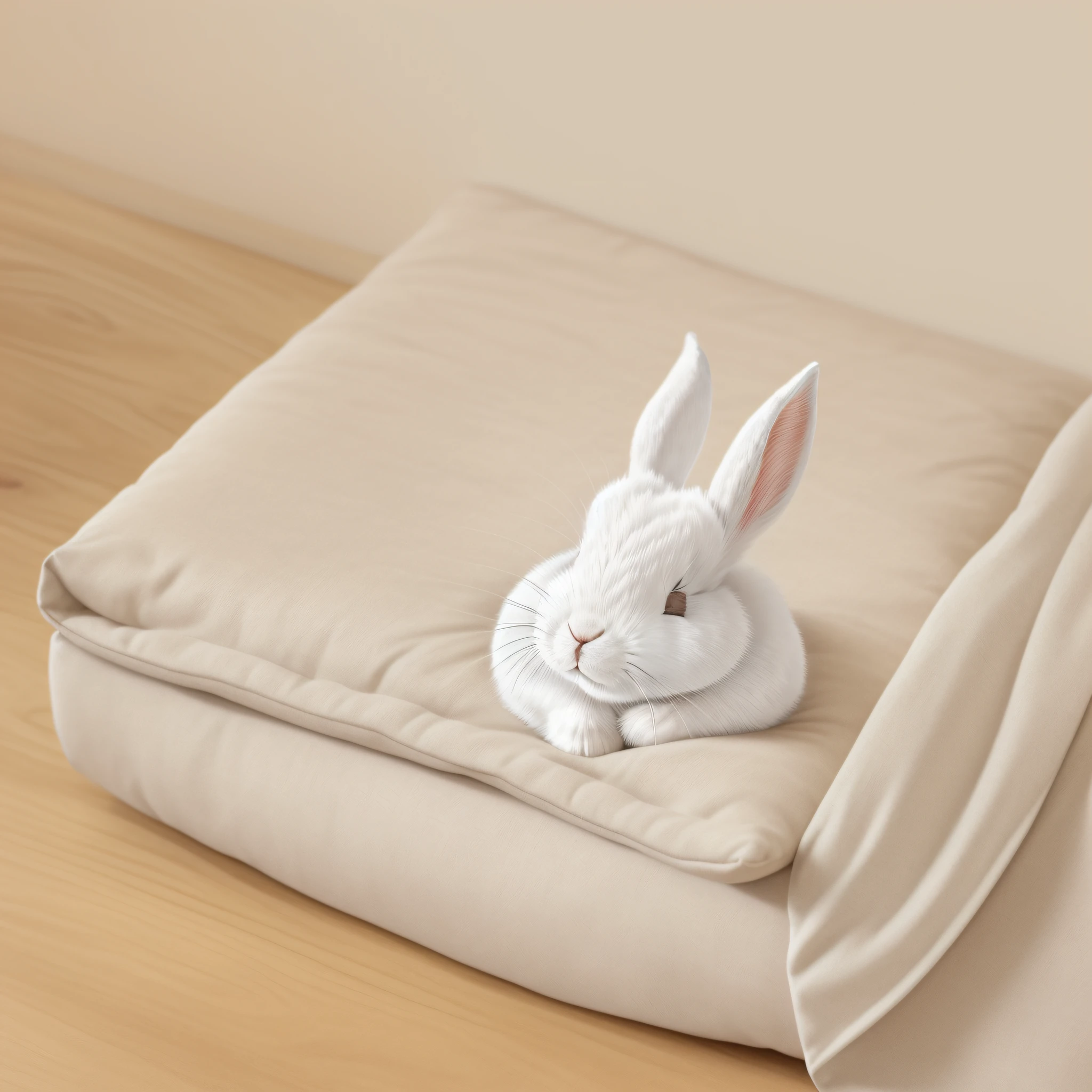 Children's picture book illustration, realistic white rabbit, anthropomorphic rabbit, rabbit sleeping in rustic bed, sleeping rabbit setting material, cute, color illustration