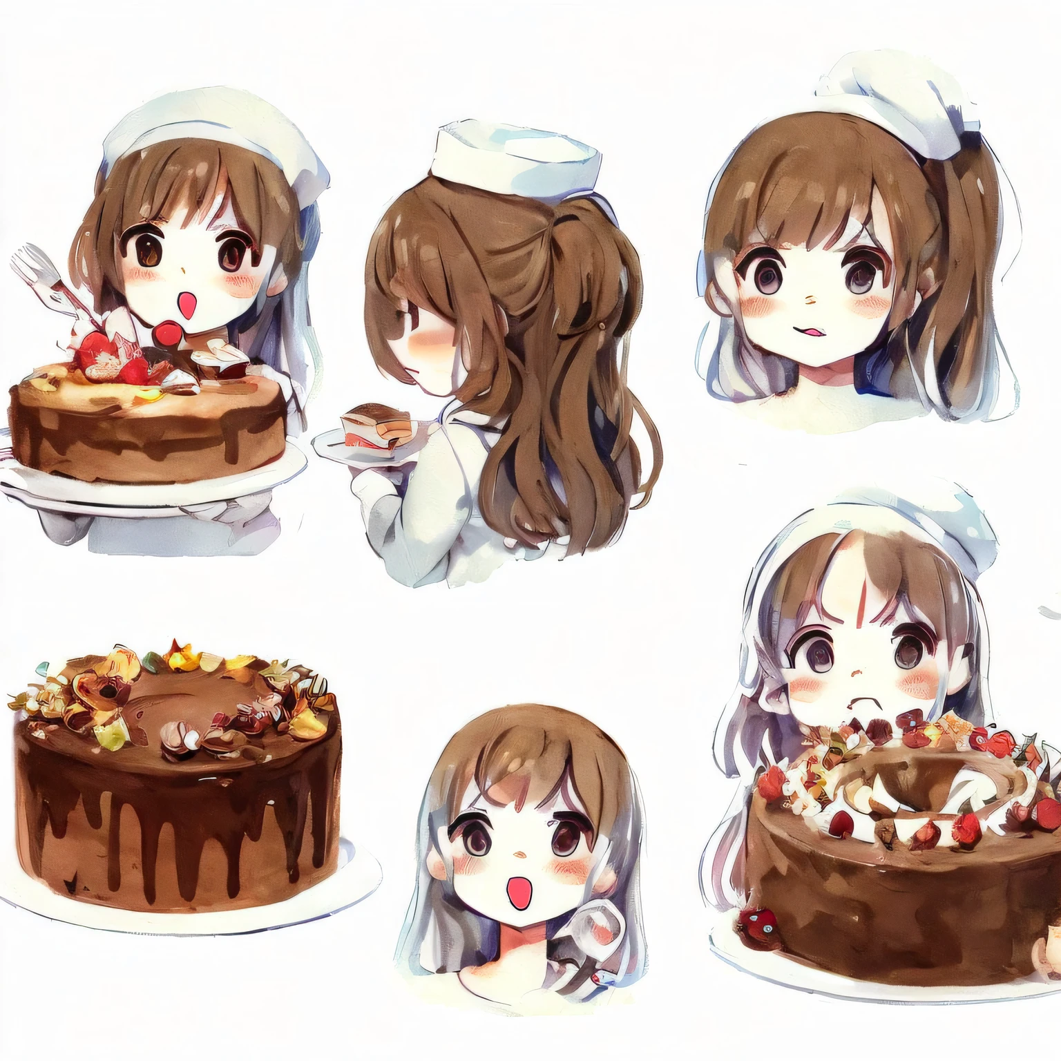 White background, character sheet, many angles, cute illustrations, logo design, brown hair, lots of pastry chef, white chef coat, white cook coat, have cake, eat, kitchen, masterpiece, high quality