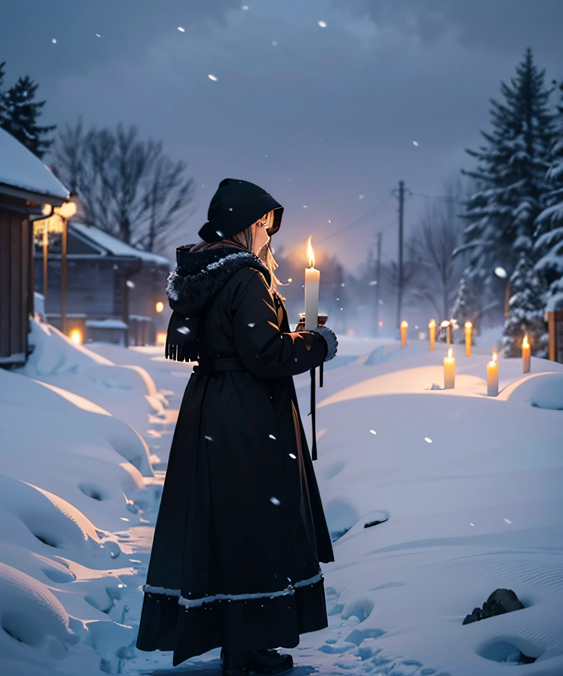 Masterpiece, Realistic, Top Quality, Night, Pitch Black Night, Thunder, Lightning, Snow Day, Heavy Snow Day, One Candle, Mourning Beauty Holding a Candle, Staring at the Flame of a Candle, Dense Fog, Full Body, Photorealistic, Many Candles Placed All Over, A Large Number of Candles