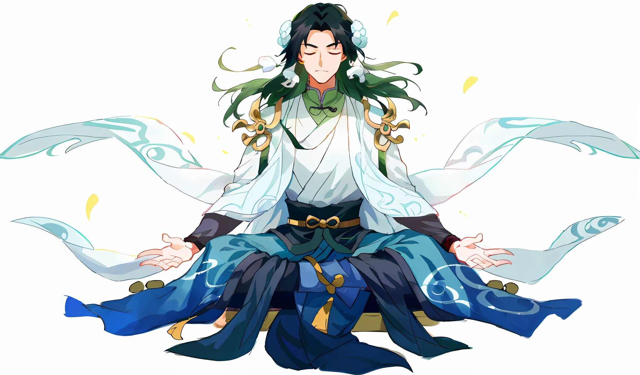 Cartoon image of man with long hair and white shirt, full body martial arts, black Ti Jin Yao, full body fairy, Zhao Yun, inspired by Huang Shen, fairy hero, Bian Lian, inspired by Guan Daosheng, Taoist master, inspired by Taoist priest Zhao Yuan, exquisite facial features, mature man, eyes closed, cultivation, closed eyes to nourish the mind, black hair, hair do not add flowers
