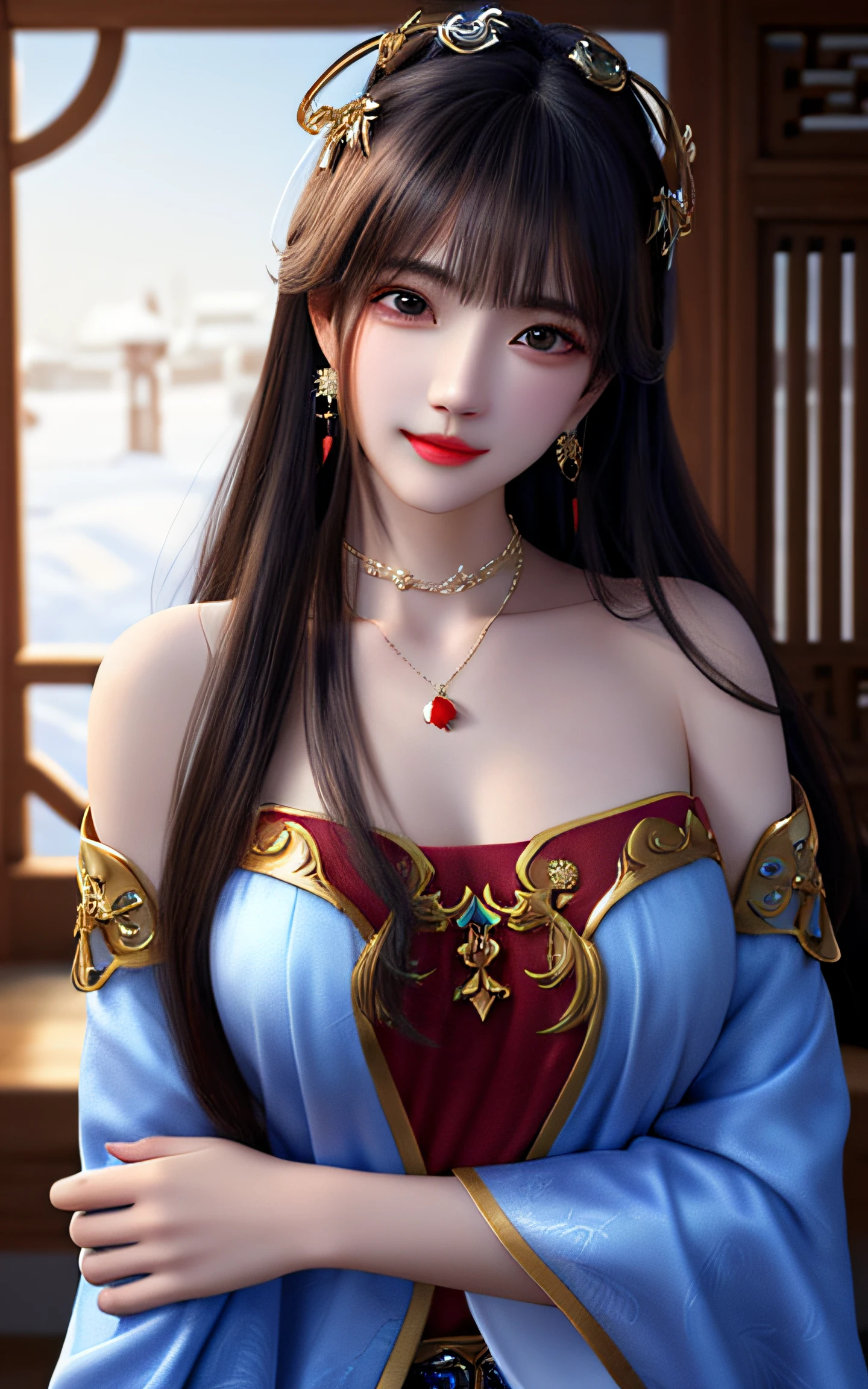 ((extremely detailed CG)), ((8k_wallpaper)), (masterpiece),best quality, high resolution illustration, hyperdetailed, highres,((Overexposure)),
bare shoulders,(Upper body),head tilt, seiza, seductive smile,
1girl,long hair,beautiful_face,Highly detailed and beautiful eyes,(an extremely delicate and beautiful),(Beautiful and detailed facial depiction),Mature women
Chinese antique clothing,White and blue Taoist robe,earrings,necklace,
Winter snow,((bust
Body))