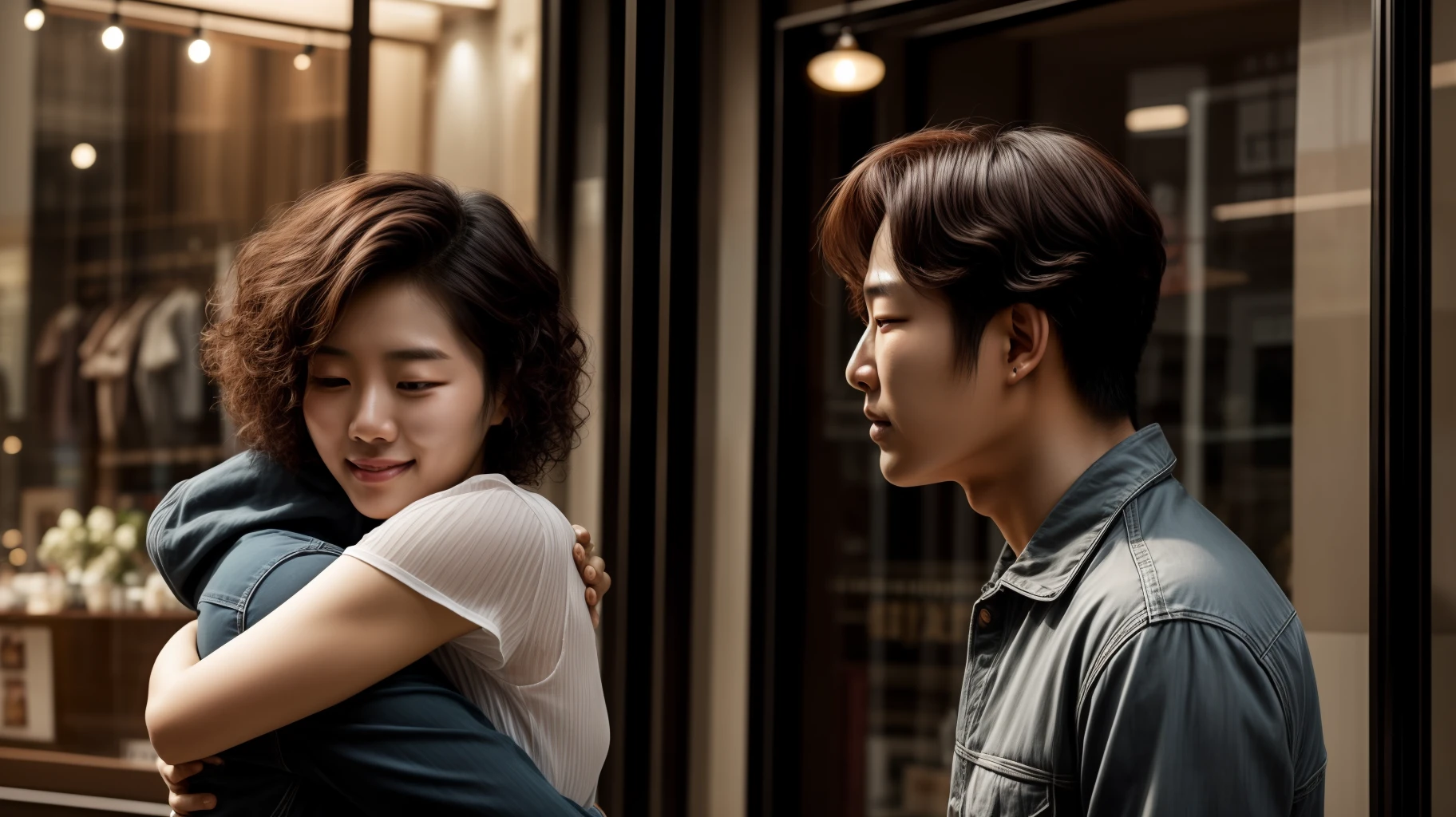 A curly-haired young Korean woman hugging and lovingly looking at her male boyfriend in front of a store, cinematic vision, moonlight