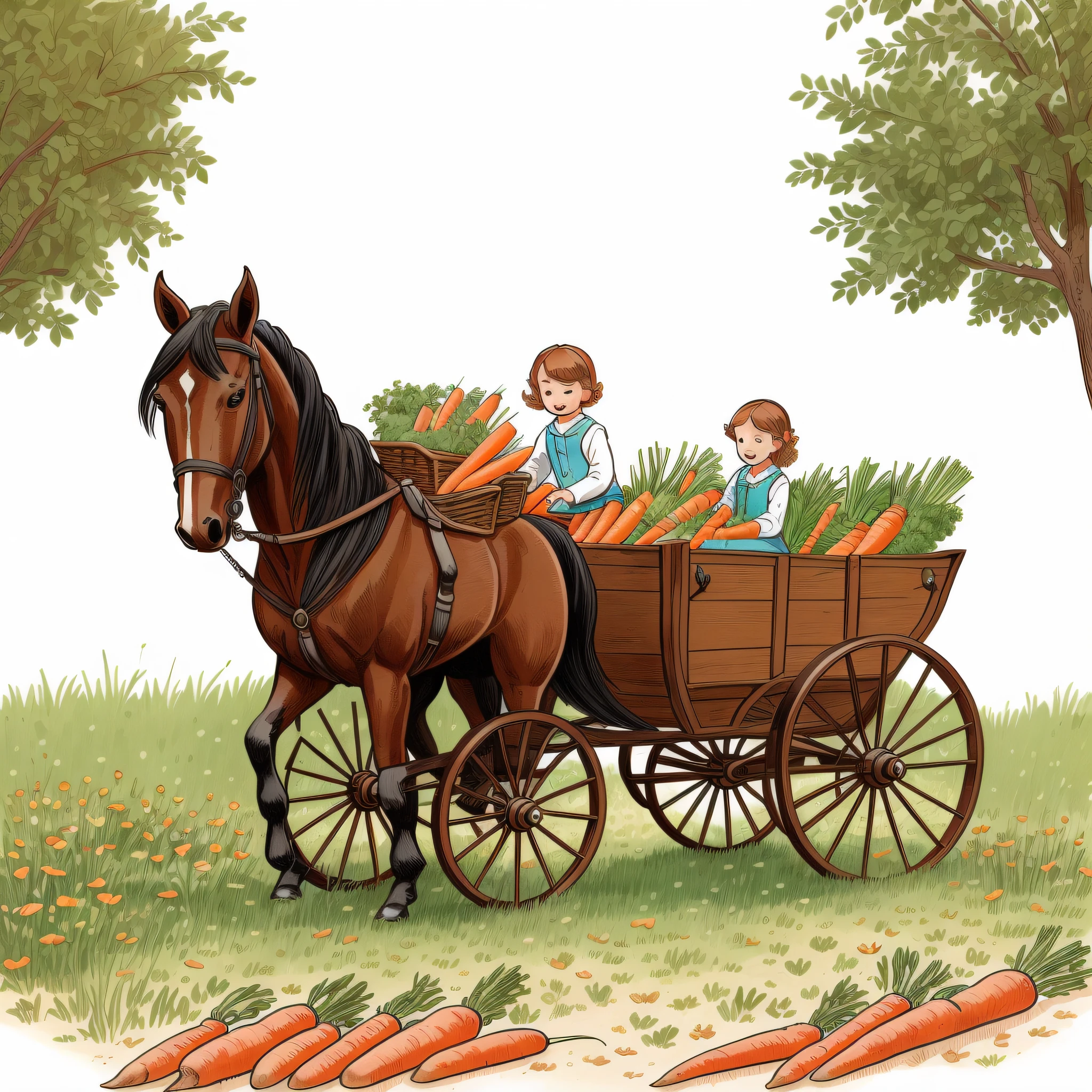 Children's picture book illustration, color illustration, carriage, carriage loaded with carrots, carriage setting material, white background