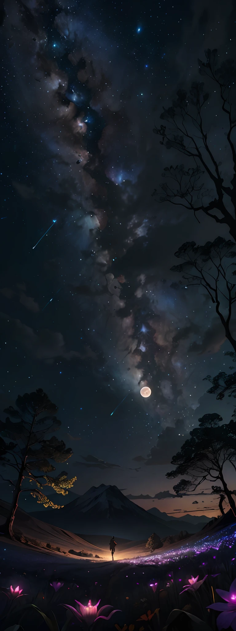 expansive landscape photograph , (a view from below that shows sky above and open field below), a girl standing on flower field looking up, (full moon:1.2), ( shooting stars:0.9), (nebula:1.3), distant mountain, tree BREAK
production art, (warm light source:1.2), (Firefly:1.2), lamp, lot of purple and orange, intricate details, volumetric lighting BREAK
(masterpiece:1.2), (best quality), 4k, ultra-detailed, (dynamic composition:1.4), highly detailed, colorful details,( iridescent colors:1.2), (glowing lighting, atmospheric lighting), dreamy, magical, (solo:1.2)