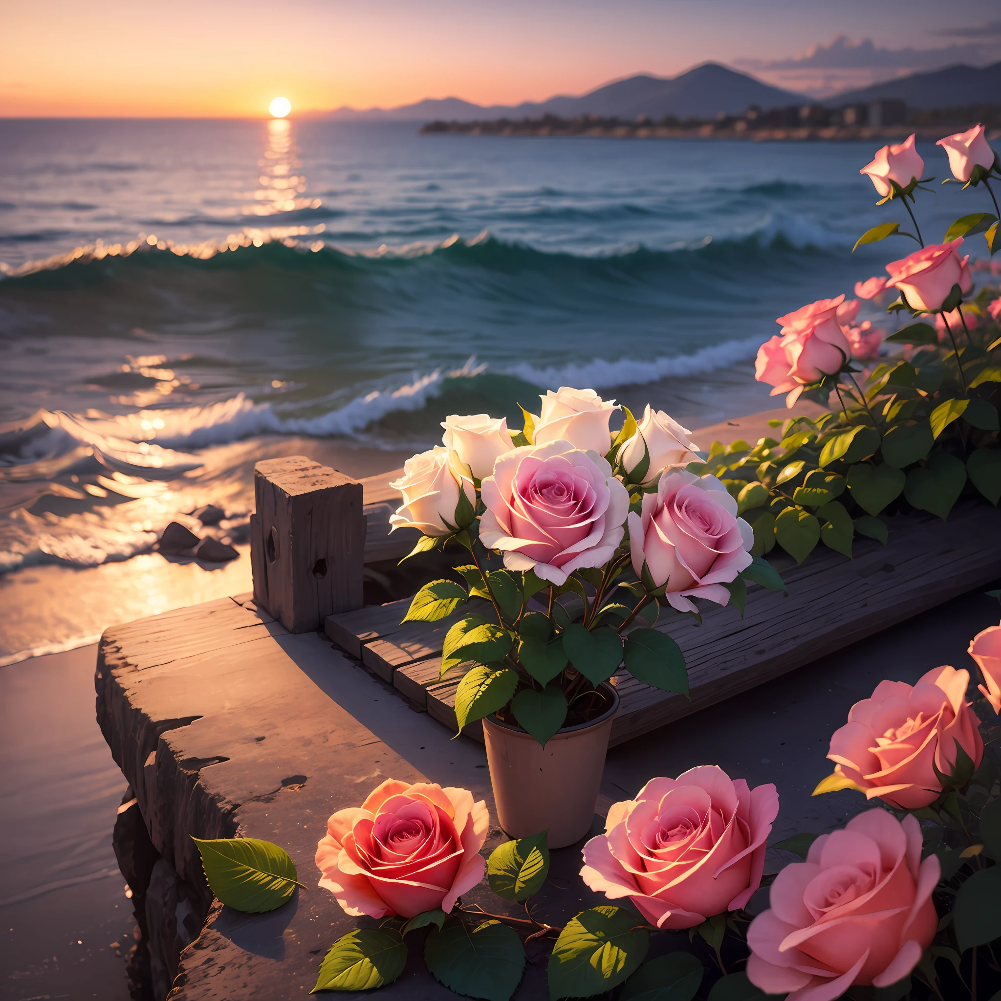 White roses, sea of flowers, sunset of the city, high definition, high detail, perfect pixels --auto