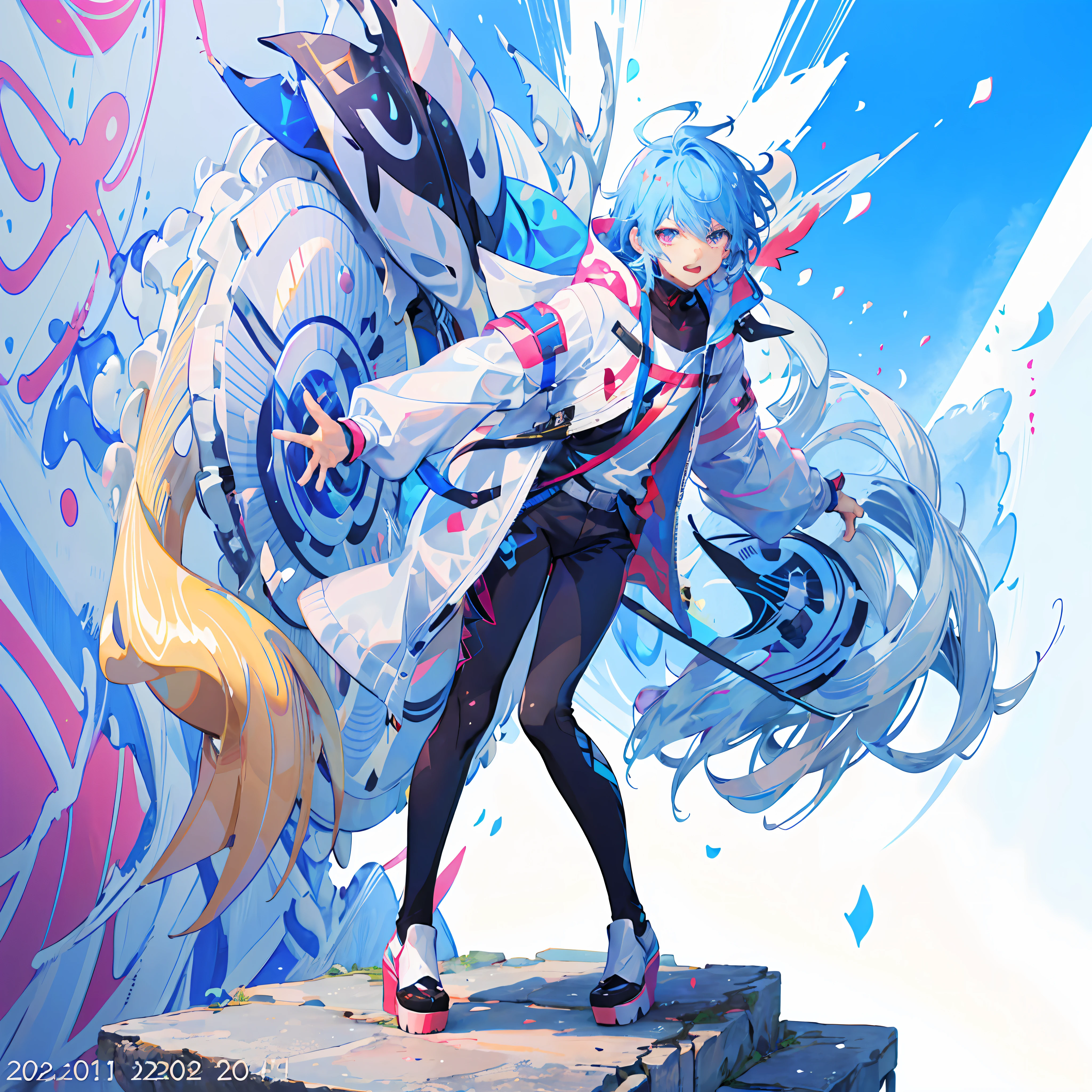 anime boy with blue hair and a white jacket standing on a platform, anime art wallpaper 8 k, anime art wallpaper 4 k, anime art wallpaper 4k, anime style 4 k, 4 k manga wallpaper, 4k anime wallpaper, anime wallpaper 4 k, anime wallpaper 4k, high quality anime artstyle, best anime 4k konachan wallpaper