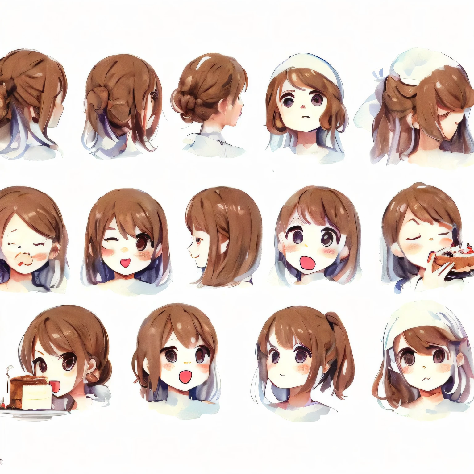 White background, character sheet, many angles, cute illustrations, logo design, brown hair, lots of pastry chef, white chef coat, white cook coat, have cake, eat, kitchen, masterpiece, high quality