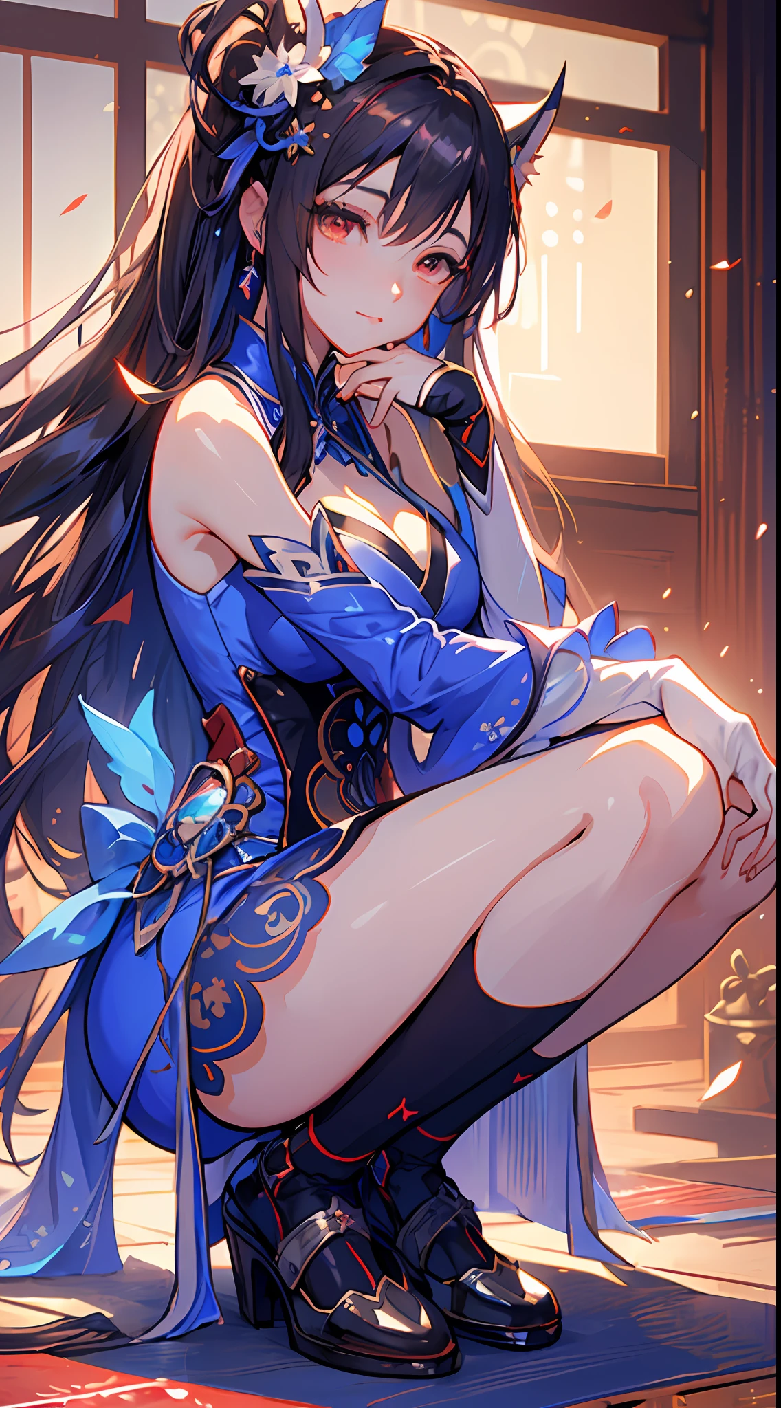 anime girl in a blue dress sitting on a red rug, beautiful anime girl squatting, seductive anime girl, by Yang J, beautiful alluring anime woman, keqing from genshin impact, extremely detailed artgerm, long elegant tail behind, the anime girl is crouching, guweiz, japanese goddess, trending on cgstation