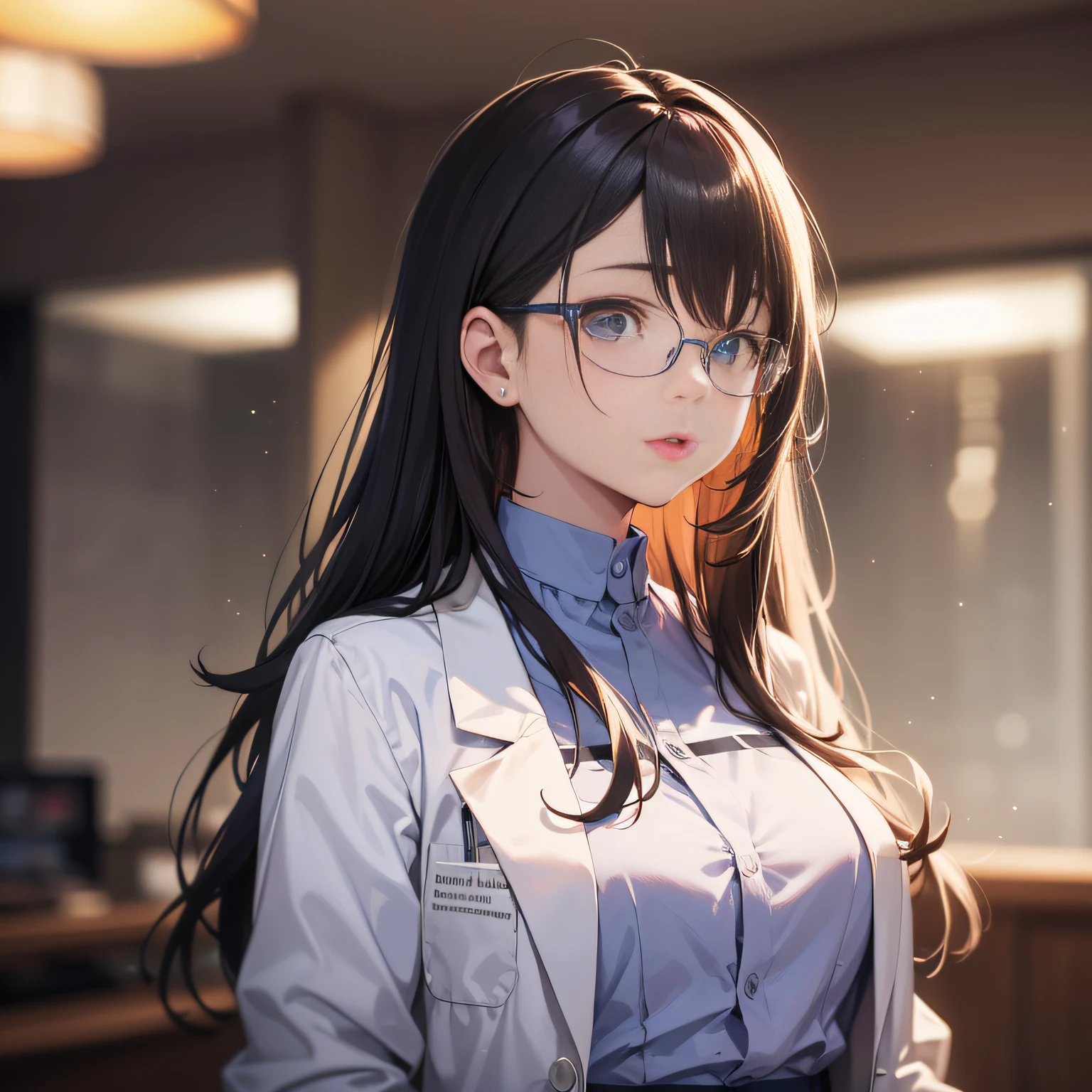 best qualitc,Masterpiece、,resoulution ultra-Highresolution,RAW photos,(lifelike:1.4),A woman with rimless glasses,Doctor white coat,(narrow waists:1.2),long long hair,in hospital,bokeh,beautiful lights