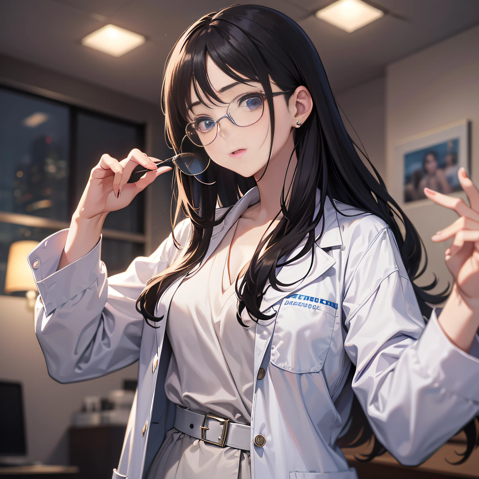 best qualitc,Masterpiece、,resoulution ultra-Highresolution,RAW photos,(lifelike:1.4),A woman with rimless glasses,Doctor white coat,(narrow waists:1.2),long long hair,in hospital,bokeh,beautiful lights