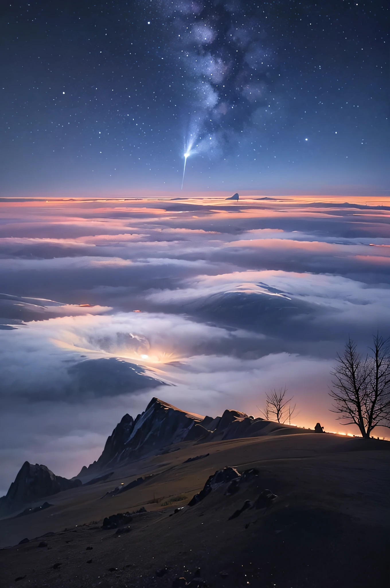 arafed view of a mountain with a comet above the clouds, foggy night sky, fog and starry skies, magnificent background, glowing fog intricate, glowing fog, undulating nebulous clouds, shooting star in background, wisps of fog, alien breathtaking landscape, beautiful night sky, misty space, comets, glowing colorful fog, space photography, magical fog --auto